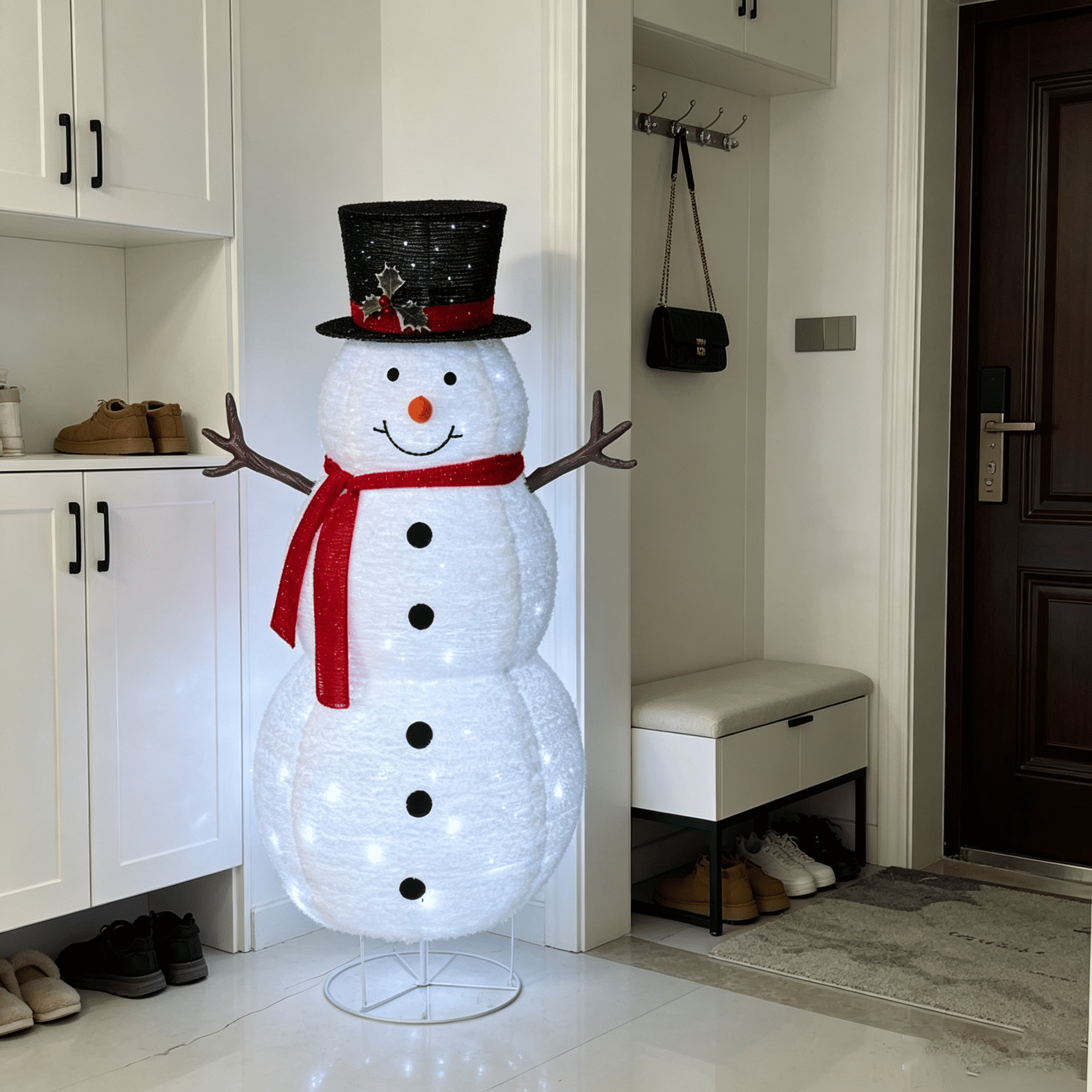 DR.Planzen 4FT Pre-Lit Christmas Snowman Decoration, Large Lighted Fabric Snowman with Top Hat & Red Scarf, Indoor & Outdoor LED Holiday Home Decor