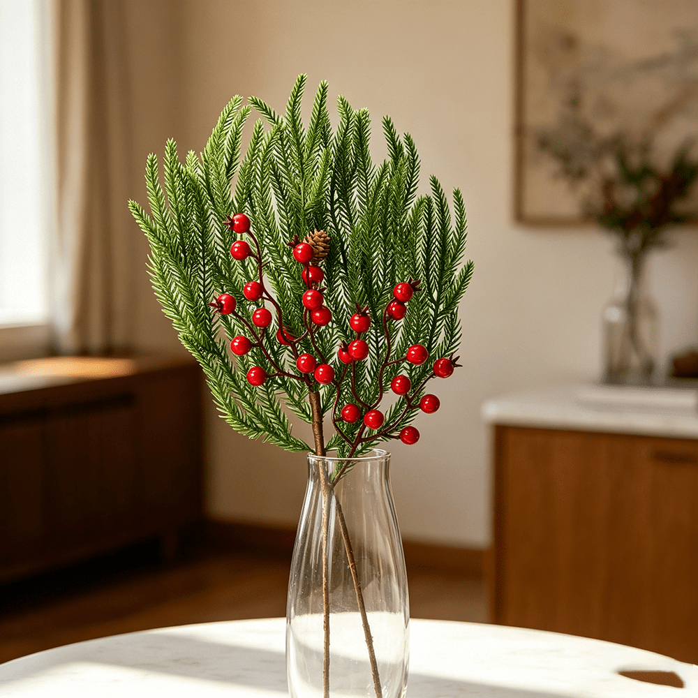 DR.Planzen 12 Pcs 18 inch Artificial Norfolk Pine Branches with Lights - Prelit Christmas Pine Stems with Red Berries, Real Pinecones, 50 Warm White LEDs, Wreath, Garland, Mantel Decor