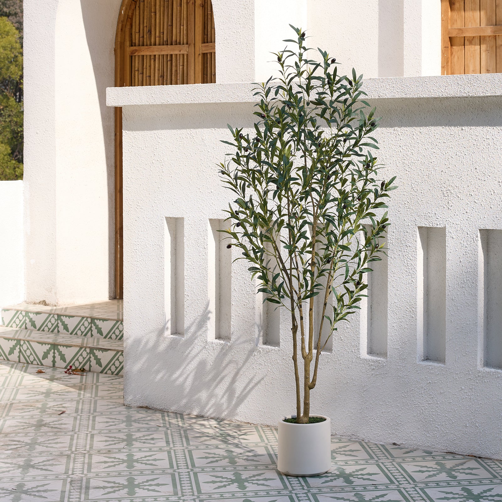 VeriNatural 5/6/7FT UV Resistant Artificial Olive Tree with 1365 Leaves in White Decorative Planter for Indoor & Outdoor（VN158）