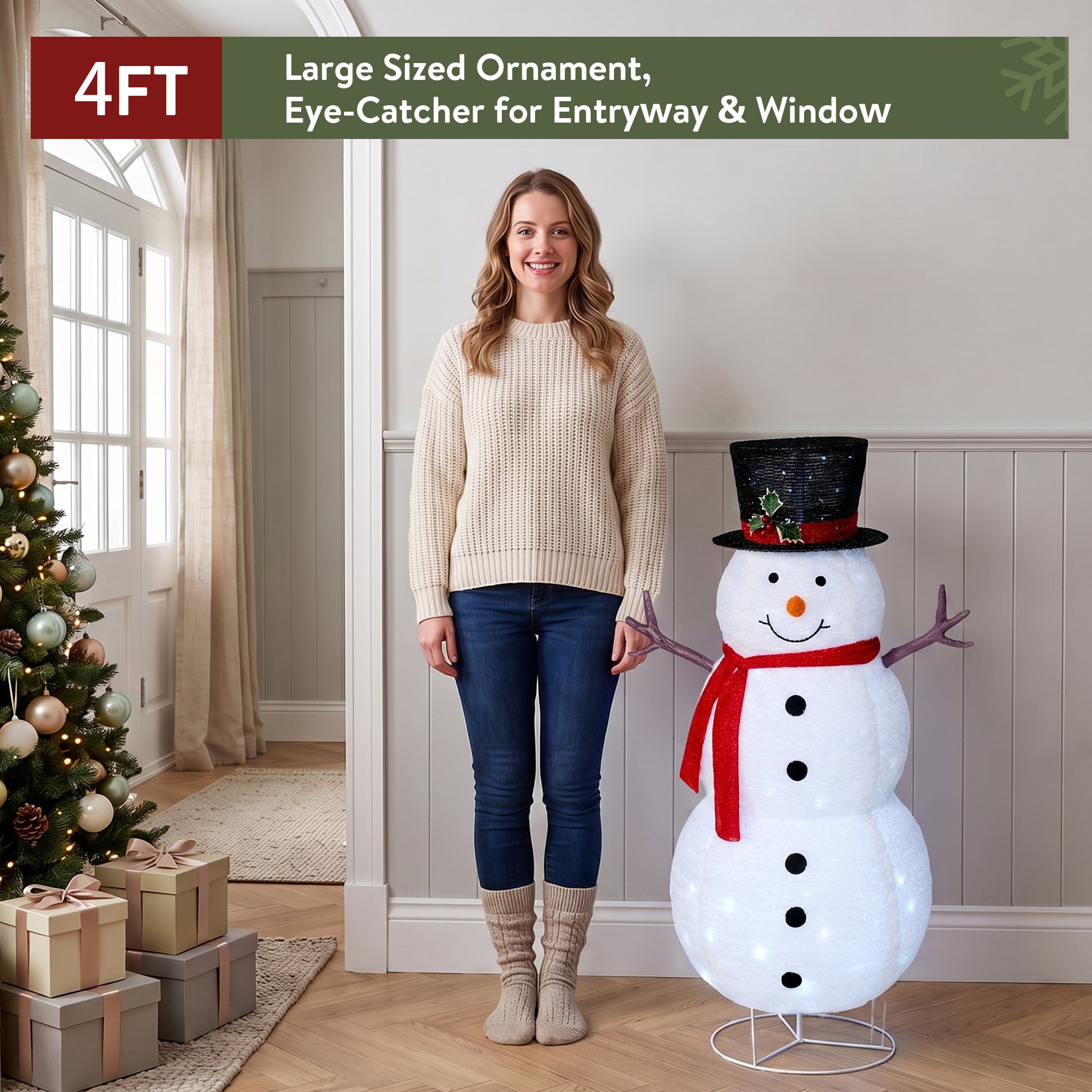 VeriNatural 3FT/4FT Pre-Lit Christmas Snowman Decoration – Lighted Fabric Snowman with Top Hat & Red Scarf, Indoor & Outdoor Holiday Yard & Home Decor