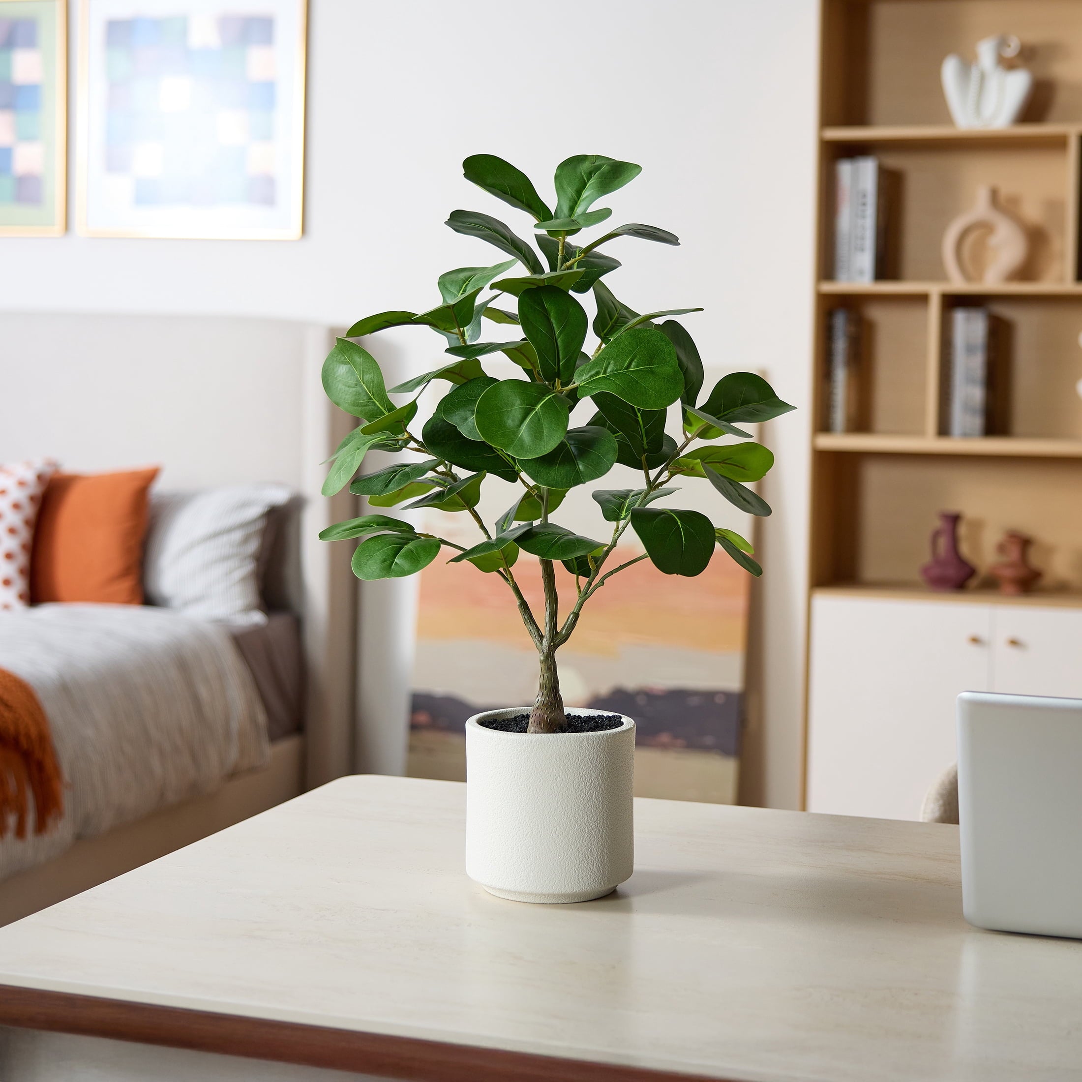 DR.Planzen Artificial Fiddle Leaf Fig Tree, 25.6 Inch Tall Lifelike Fake Plant in White Pot, Realistic Indoor Ficus Lyrata for Home Office Living Room Decor