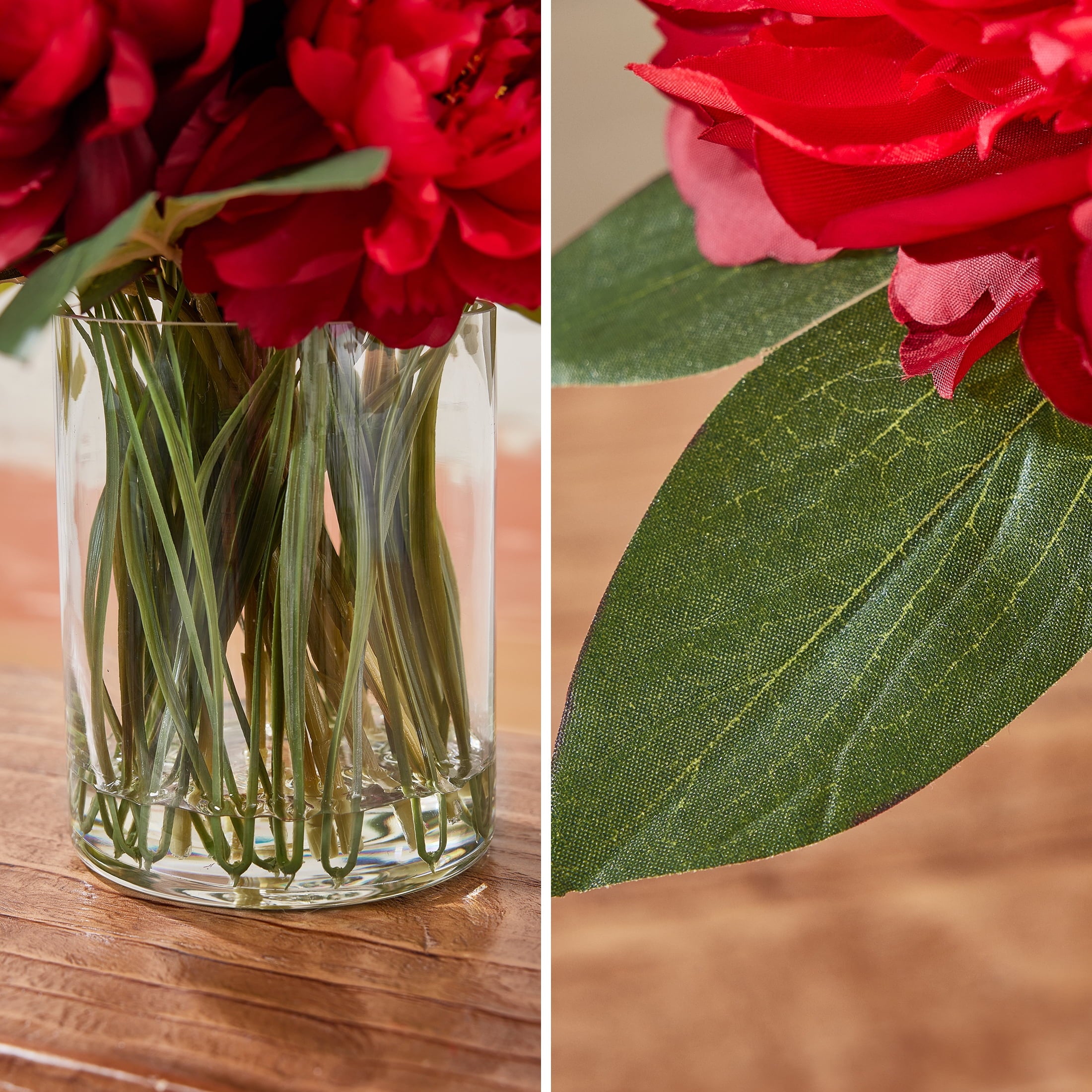 DR.Planzen 12in Artificial Peonies with Vase Red Artificial Peony Flower Arrangement ¨C 9 Bloom Realistic Faux Peonies in Glass Vase with Faux Water for Table Centerpiece Wedding Home Office Decor