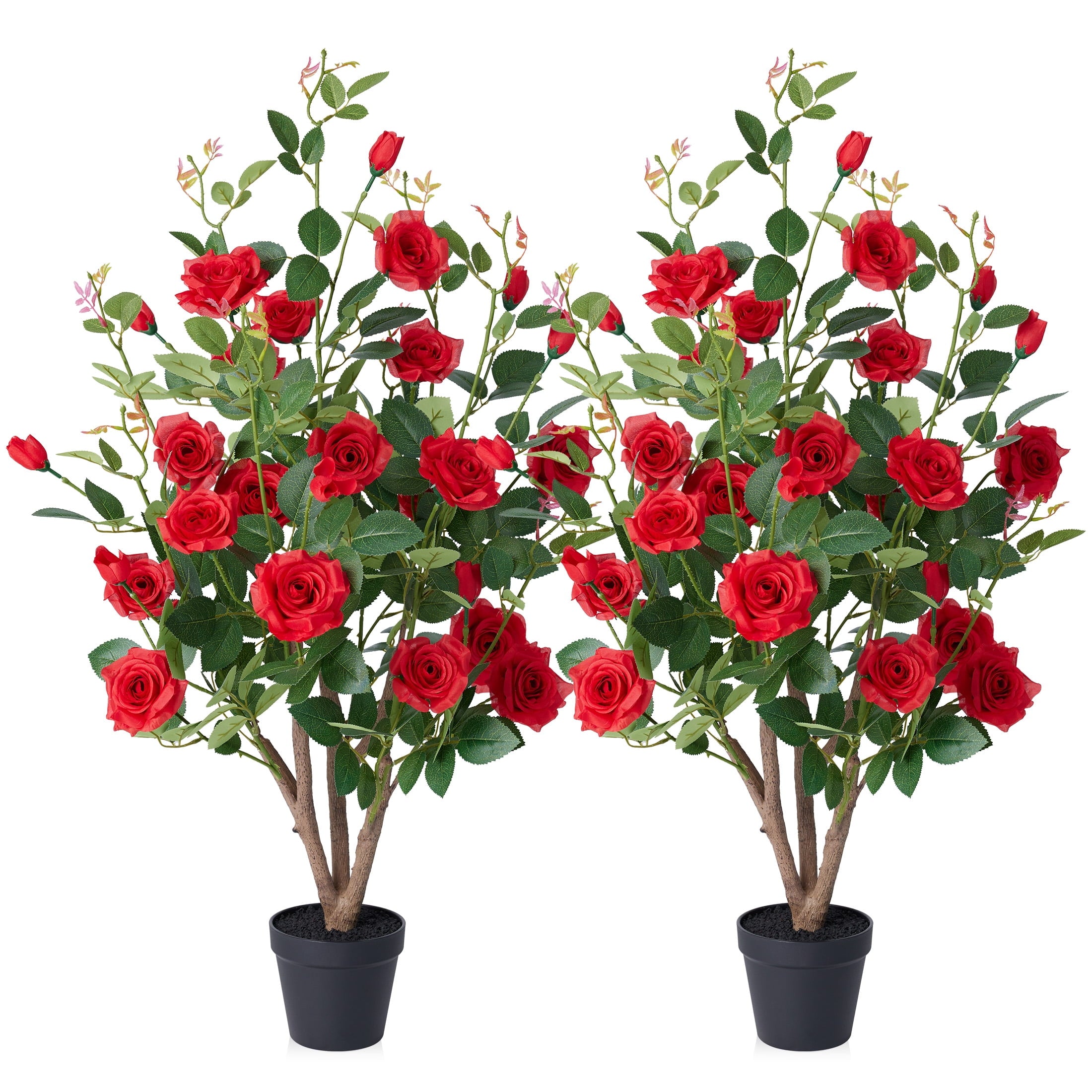 DR.Planzen 3ft Artificial Red Rose Tree with Green Leaves, Lifelike Faux Rose Flower Tree for Home Decor Indoor Outdoor, Living Room Office Decoration