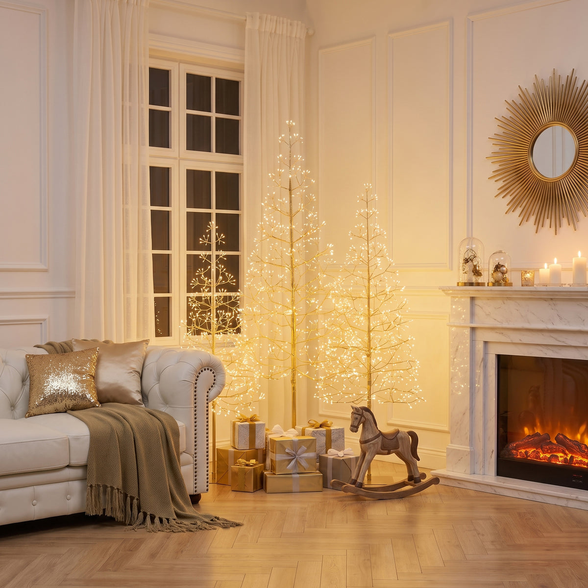 3-Piece Pre-Lit Starburst Gold Christmas Tree Set (4FT, 5FT, 6FT) - Slim Artificial Holiday Trees with Metal Base, Indoor