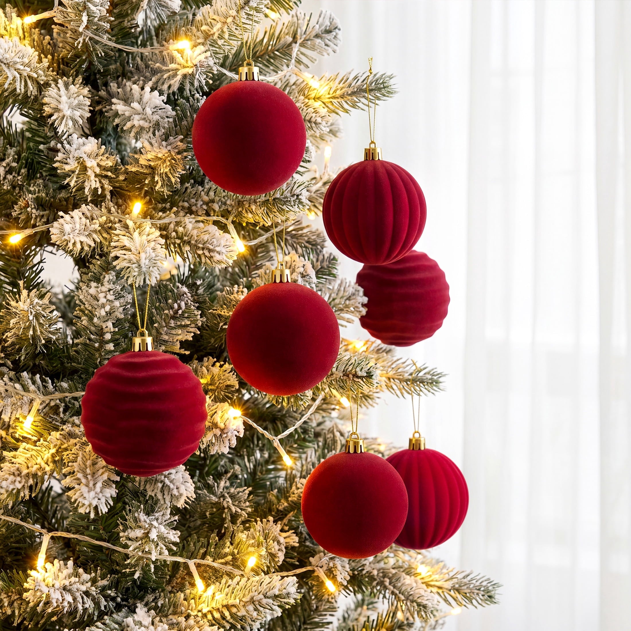 DR.Planzen 12PCS 3.2in Burgundy Christmas Ball Ornaments Set, Velvet Flocked Shatter-Resistant Xmas Balls - 3 Textured Styles with Gold Hanging Strings for Christmas Tree, Wreath, Mantel