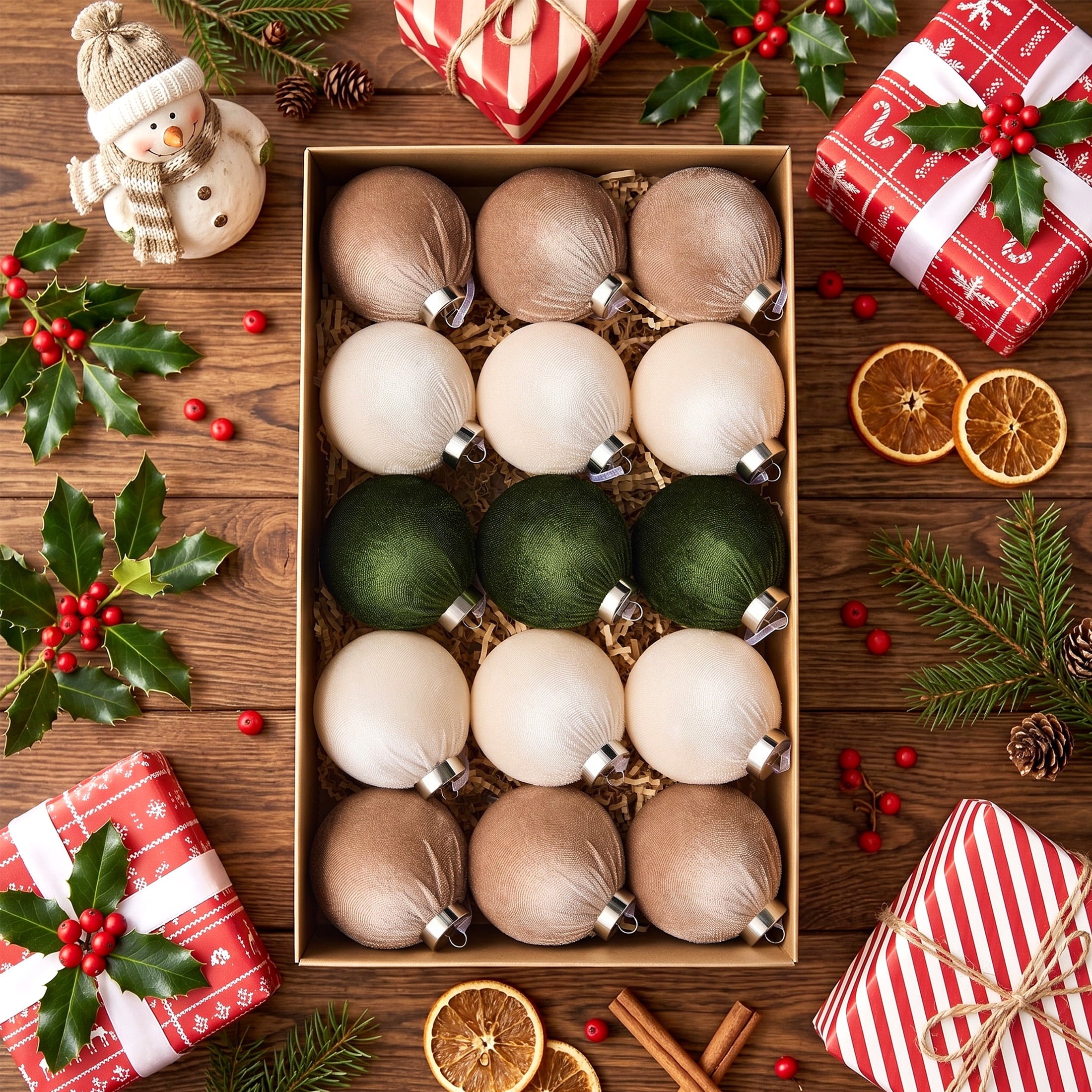 DR.Planzen 15 Pcs Fabric-Wrapped Christmas Ball Ornaments - 3.2 Inch Large Shatterproof Christmas Tree Decorations in Ivory, Khaki and Dark Green for Farmhouse, Woodland and Holiday Decor