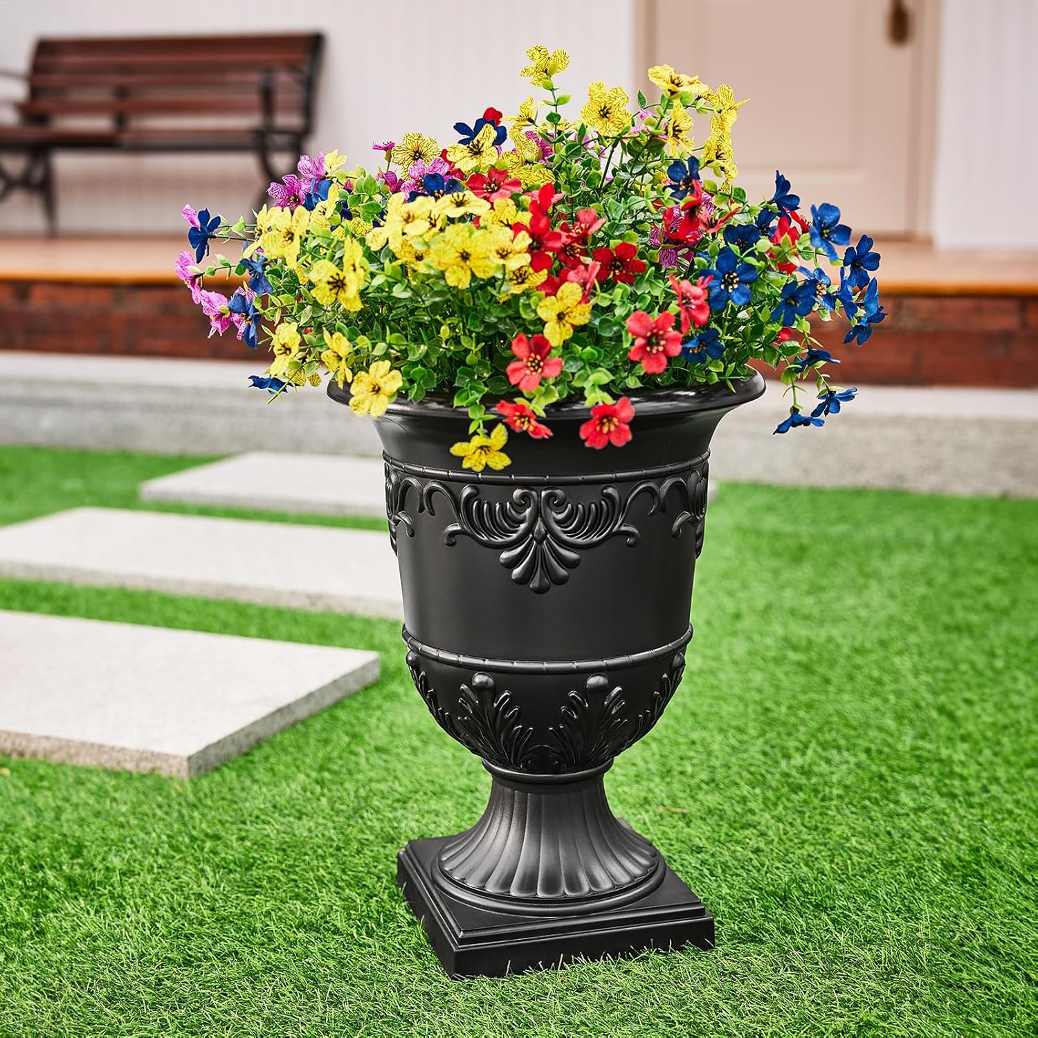 VeriNatural Classic Traditional Plastic Urn Planter – 15"x13", Indoor/Outdoor Flower Pot, Single or Set of 2 for Porch Decor