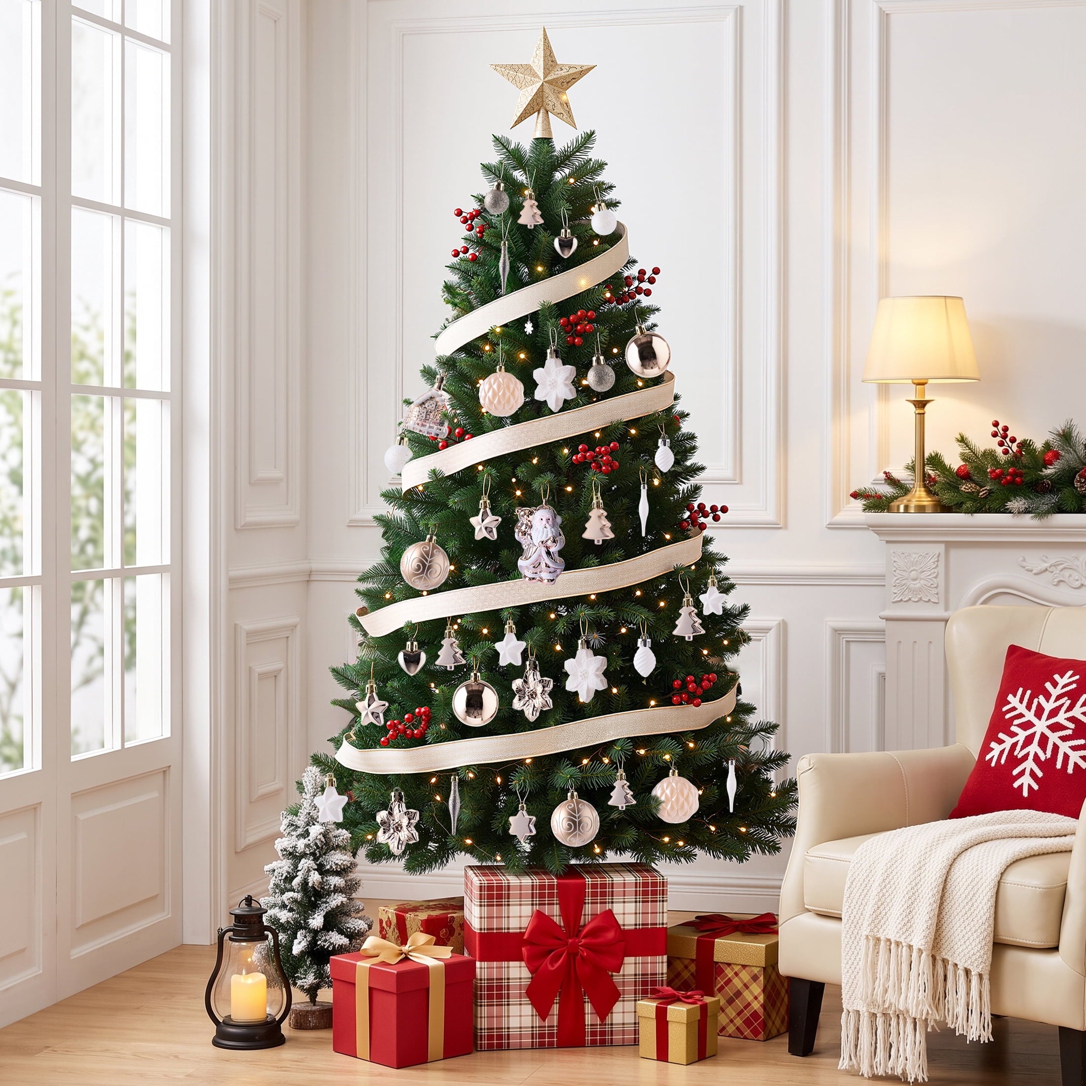 DR.Planzen 44ct Rose Gold & White Christmas Ornaments Set, Assorted 2.36" & 1.18" Embossed Glazed Holiday Balls with Snowflakes & Stars, Trendy Indoor Decor