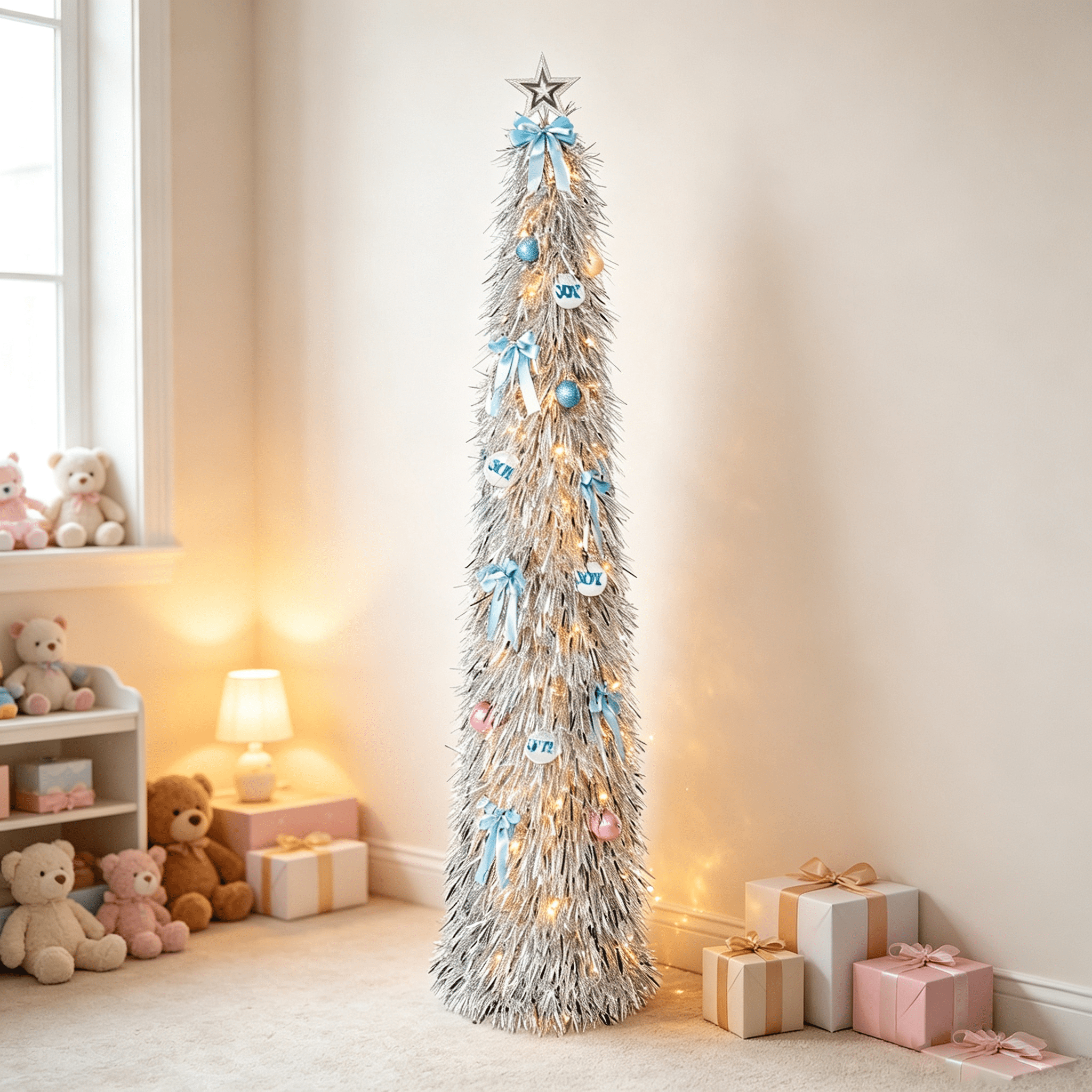 DR.Planzen 6ft Pop Up Christmas Tinsel Tree, Pre Lit Slim Christmas Tree, Silver LED Pencil Tree with 100 Warm White Lights, Star Topper & Ornaments Set, Collapsible Holiday Decor