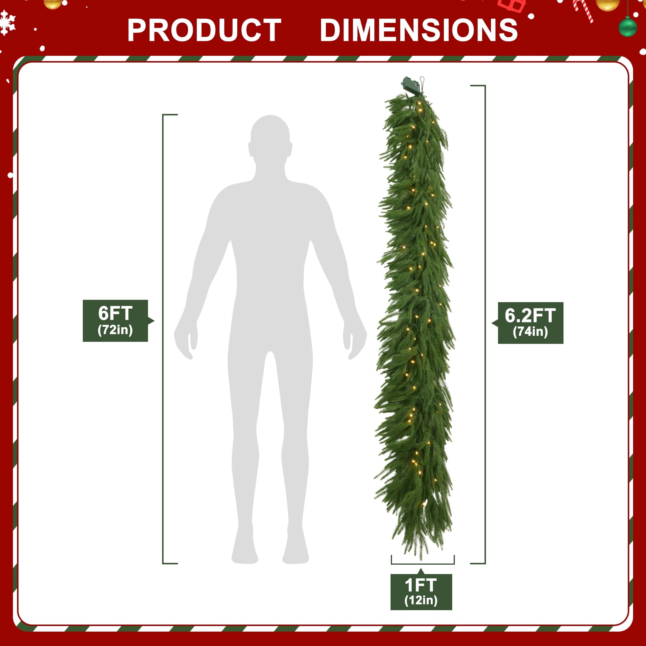 DR.Planzen 2Pack 6ft Pre-Lit Artificial Norfolk Pine Foliage Spray with 50 Warm White LED Lights, 90 PE Branches & 30 Tips, Battery Operated DIY Christmas Tree Filler & Vase Decor