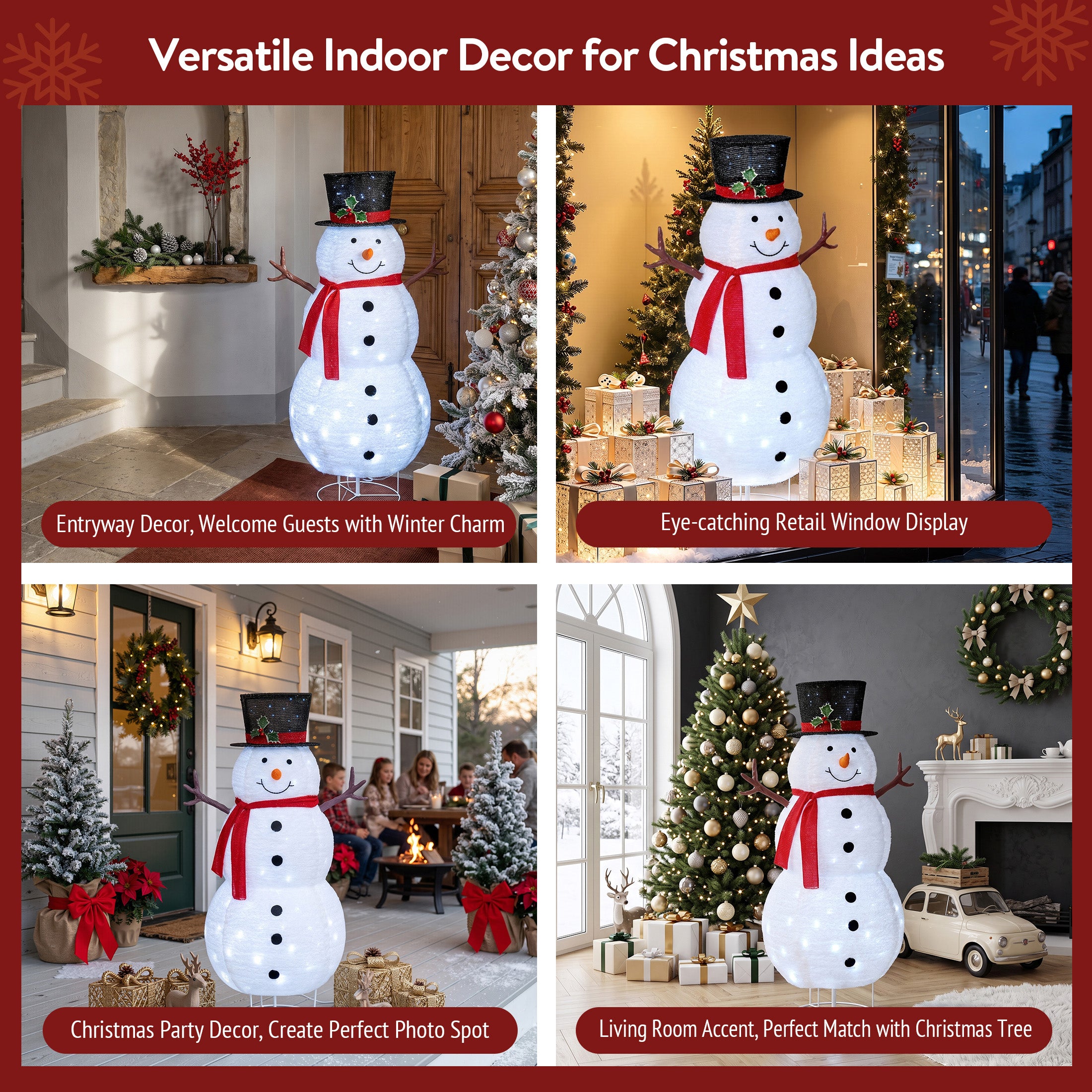 VeriNatural 3FT/4FT Pre-Lit Christmas Snowman Decoration – Lighted Fabric Snowman with Top Hat & Red Scarf, Indoor & Outdoor Holiday Yard & Home Decor