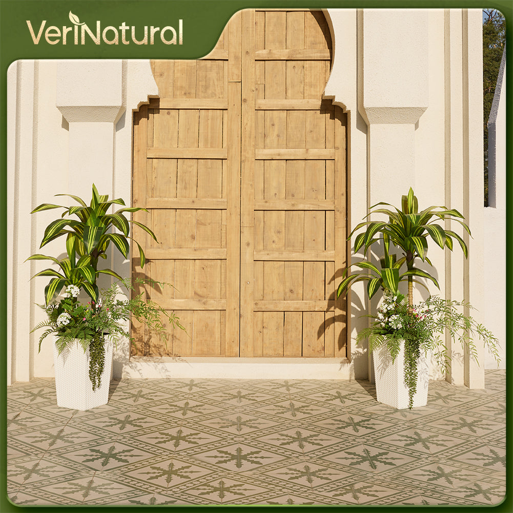VeriNatural 4FT Mixed Fern and Dracaena Artificial Plants with Black Taper Planter for Indoor & Outdoor (1/2-Pack)（VN151）