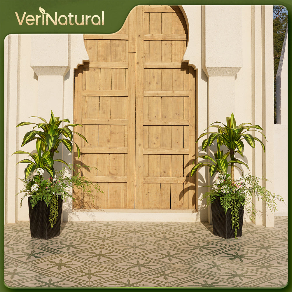 VeriNatural 4FT Mixed Fern and Dracaena Artificial Plants with Black Taper Planter for Indoor & Outdoor (1/2-Pack)（VN151）