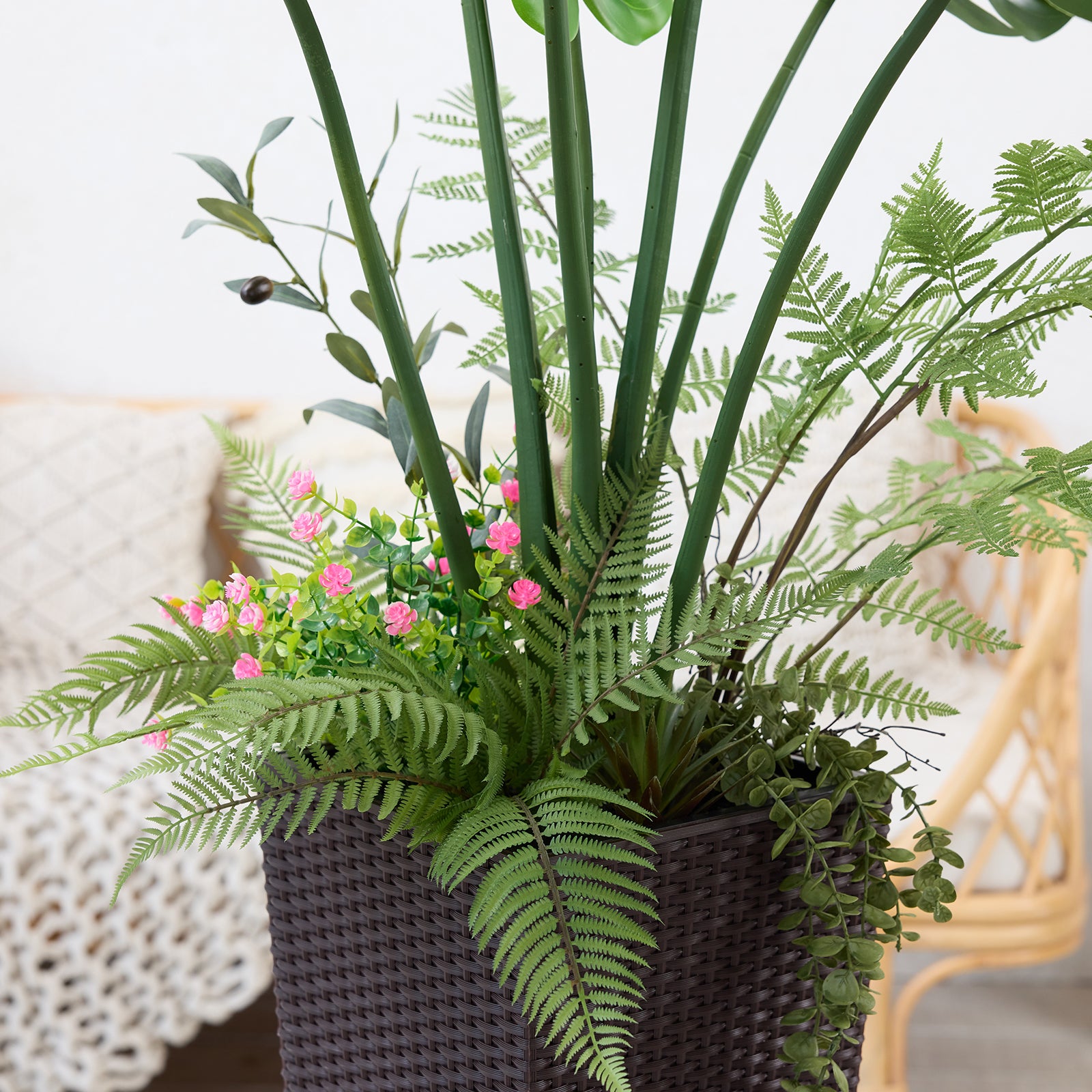 VeriNatural 4FT Mixed Fern and Monstera Deliciosa Artificial Plants with Black Taper Planter for Indoor & Outdoor (VN150)