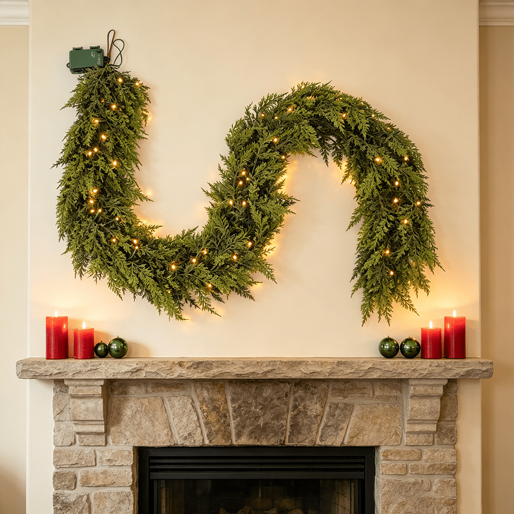 DR.Planzen 2 Pack 6FT Artificial Norfolk Pine Garland with LED Lights, 1200 PE Tips Prelit Christmas Garland, Lighted Artificial Pine Garland - 100 Warm White LEDs for Mantel Fireplace Table