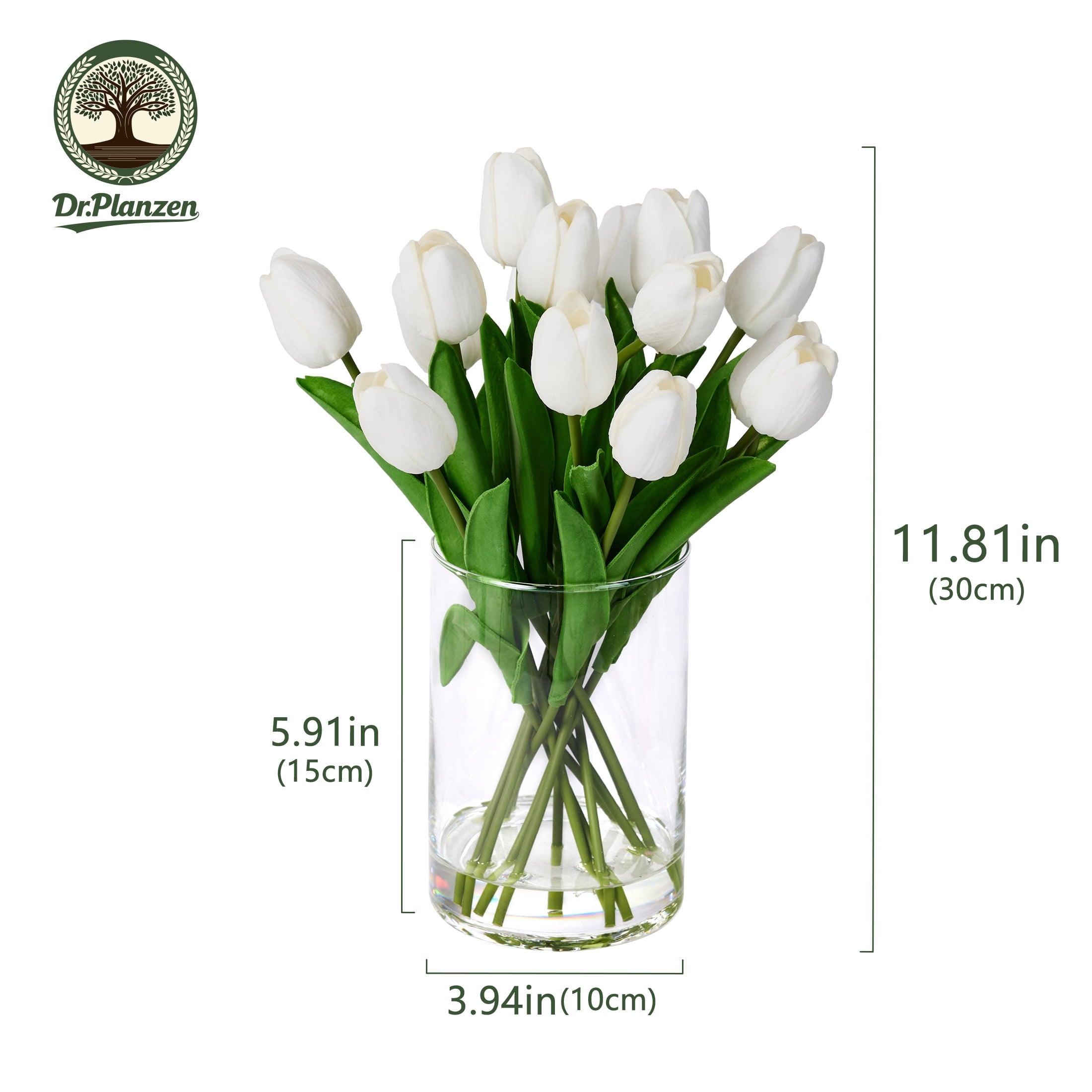 DR.Planzen 12in Artificial White Tulips Fake Flowers in Glass Vase Real Touch Tulips ¨C Faux Tulips Bouquet with Faux Water, Tulips Centerpiece for Spring Home Decor Dining Table Wedding Mothers Day