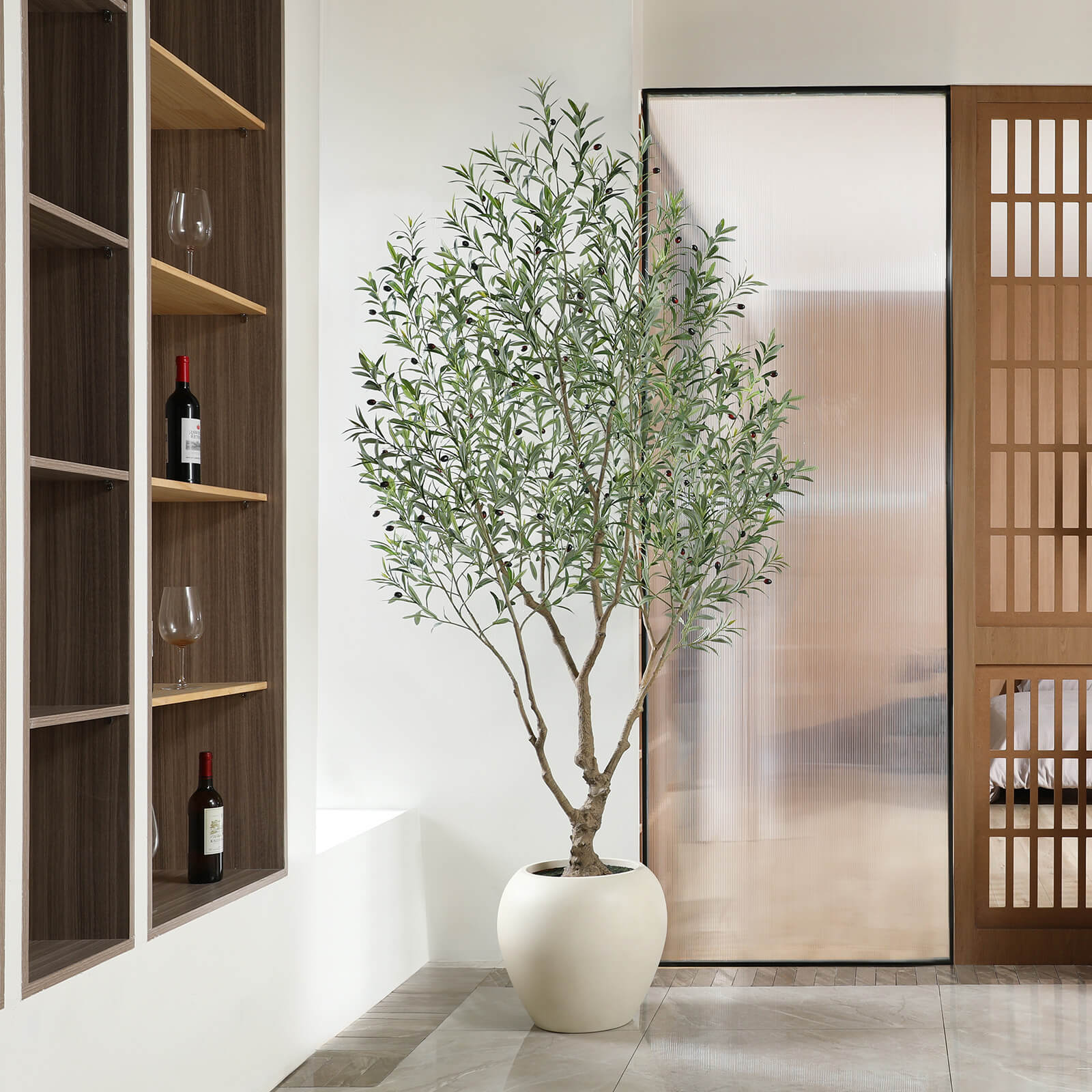 VeriNatural 8FT Artificial Olive Tree with Custom White Pot for Indoor