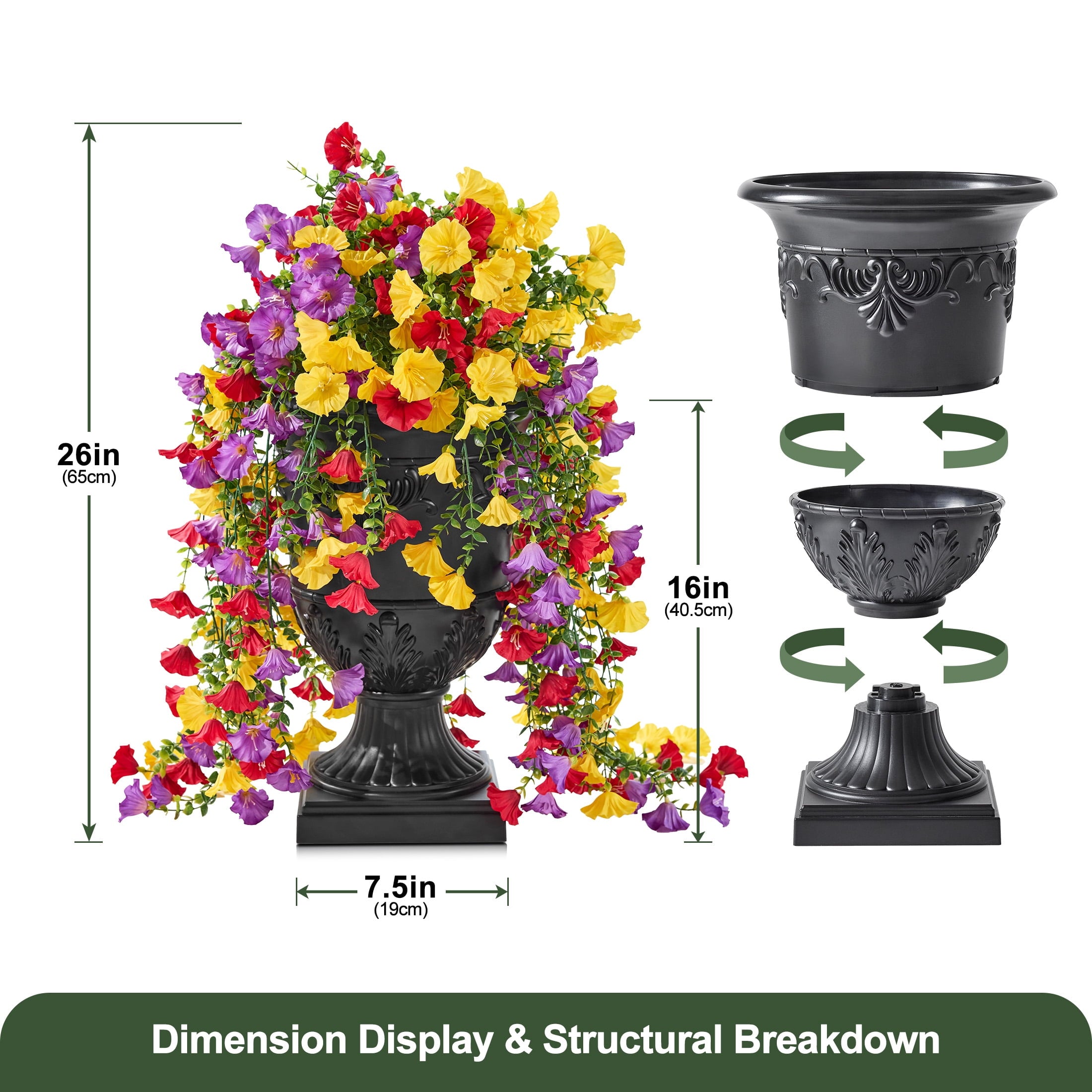 DR.Planzen Artificial Hanging Flowers in Black Urn Planter, 2 Pack 26in Faux Morning Glory Flowers, Fake Hanging Plants, Artificial Flowers, Hanging Flowers with 333 Blooms - Front Porch Patio Decor
