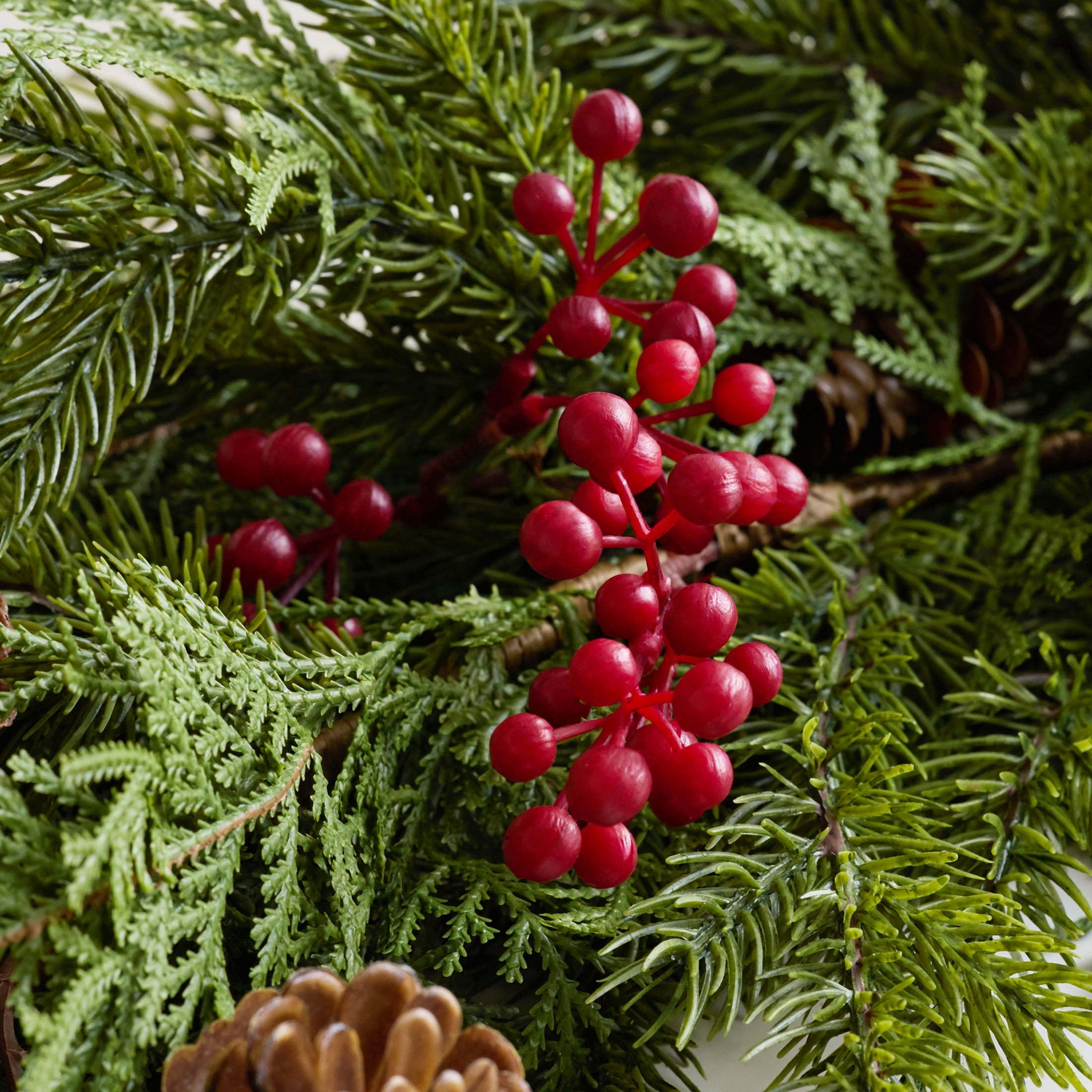 DR.Planzen 2Pack 6ft Artificial Pine & Berry Foliage Spray with Red Cones, Long Flexible Greenery Garland for DIY Christmas Tree Filler, Wreaths & Vase Filler