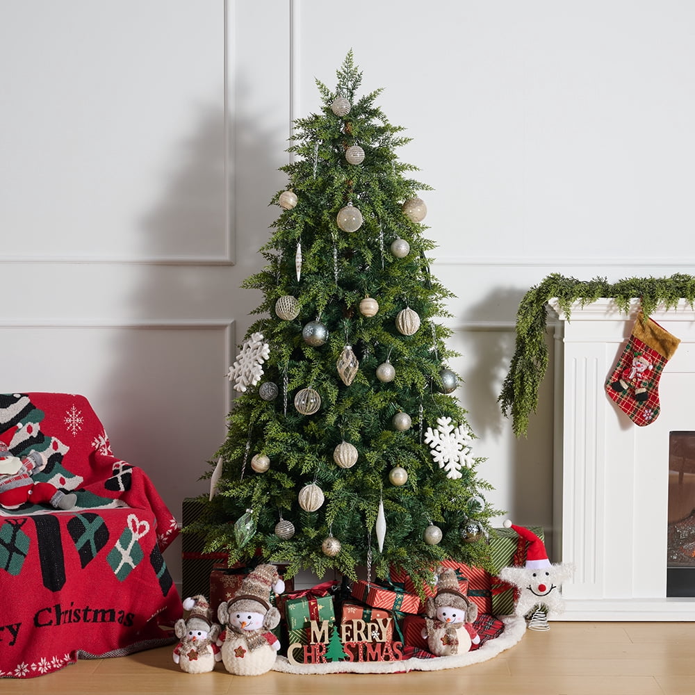 DR.Planzen 6FT Pre Lit Cedar Christmas Tree - Realistic PE PVC Branches, 350 Warm White LED Lights, Artificial Christmas Tree with Sturdy Iron Stand for Living Room Holiday Decor
