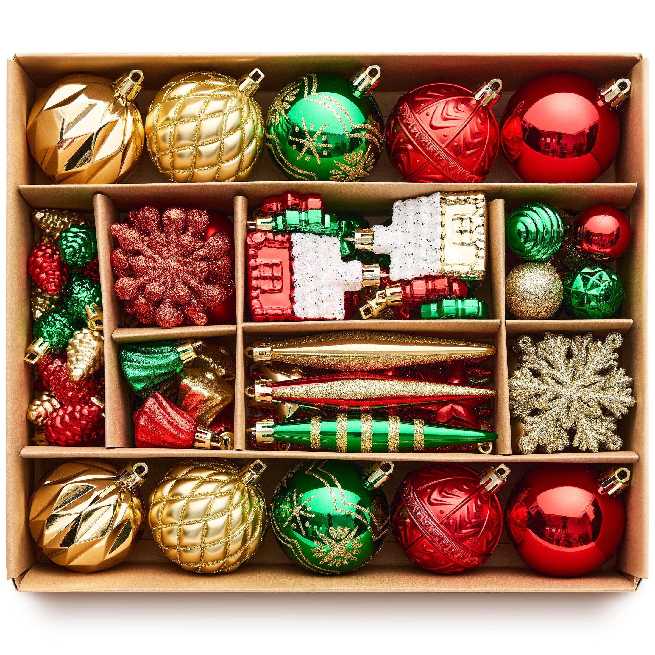 DR.Planzen 96PCS Christmas Ball Ornaments Set, Red Green Gold Ornaments, Christmas Tree Decorations, Xmas Ornaments - 9 Shapes, 1.2-4.8in Holiday Decor with 100 Hanging Strings