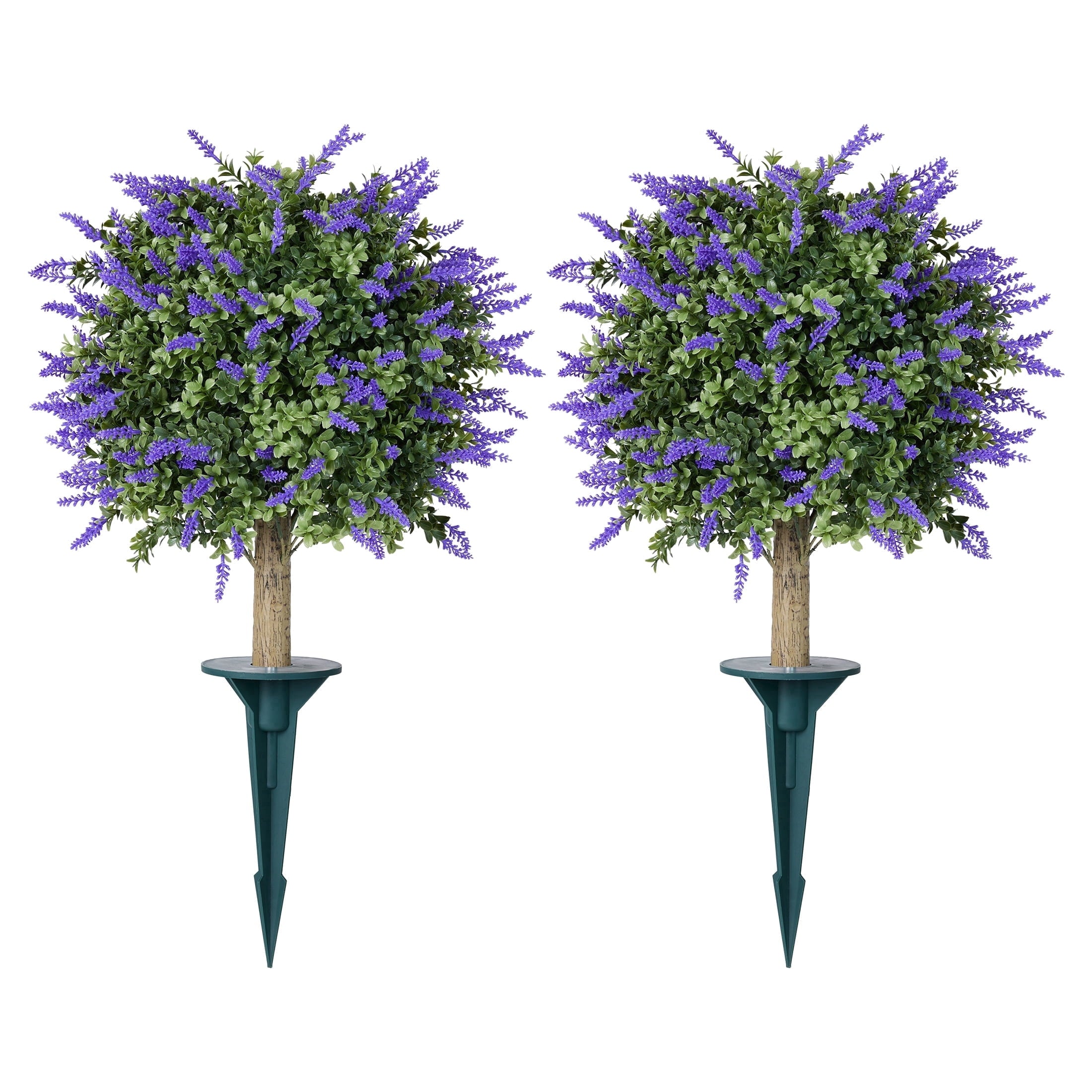 DR.Planzen 2 Pack 16'' Artificial Lavender Boxwood Topiary Ball Plant, Fake Scented Flowering Shrub with Ground Spike, UV Resistant Faux Outdoor Decor for Garden Porch Patio