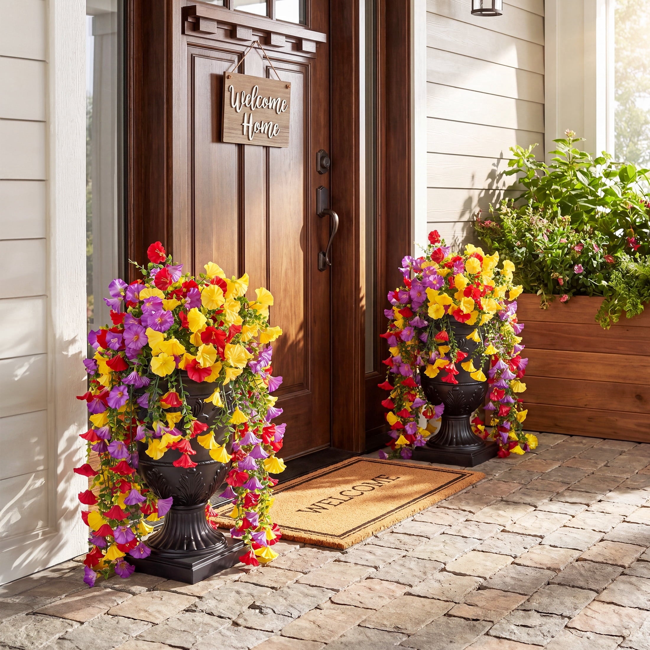 DR.Planzen Artificial Hanging Flowers in Black Urn Planter, 2 Pack 26in Faux Morning Glory Flowers, Fake Hanging Plants, Artificial Flowers, Hanging Flowers with 333 Blooms - Front Porch Patio Decor