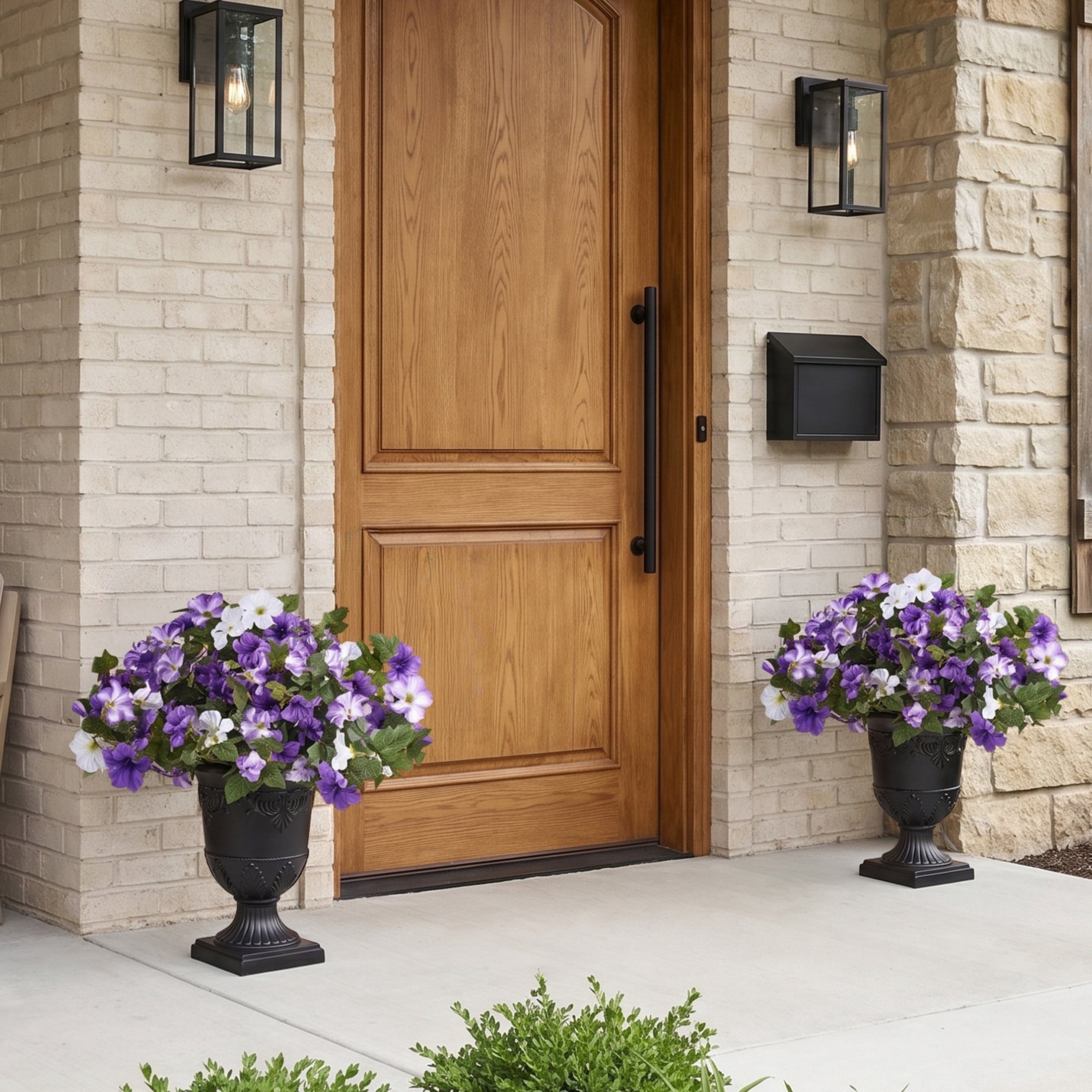 DR.Planzen 2 Pack 28in Artificial Morning Glory Flowers Faux Flower Potted Plants Porch Decor - 81 Purple White Blooms in Black Urn Planter - Indoor Covered Porch Decor for Entryway Patio Home Office