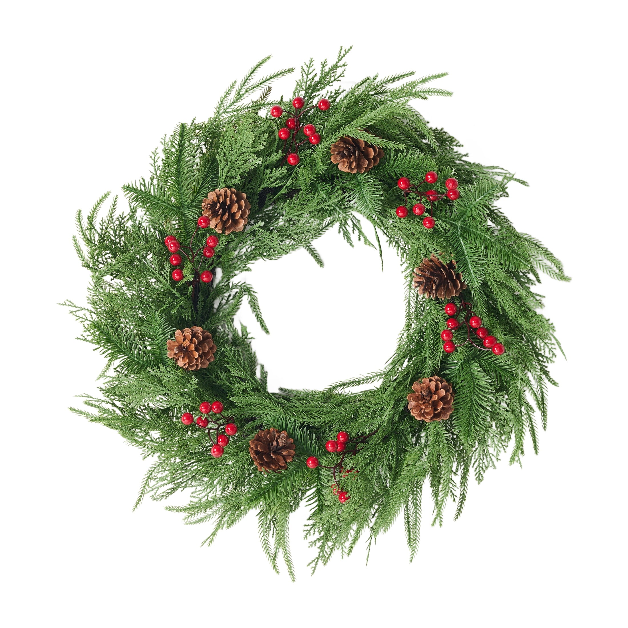 DR.Planzen 24" Pre-Lit Red Berry & Pinecone Christmas Wreath with 57 PE Branches, Realistic Norfolk Pine Garland Ring for Front Door & Indoor Wall Decor