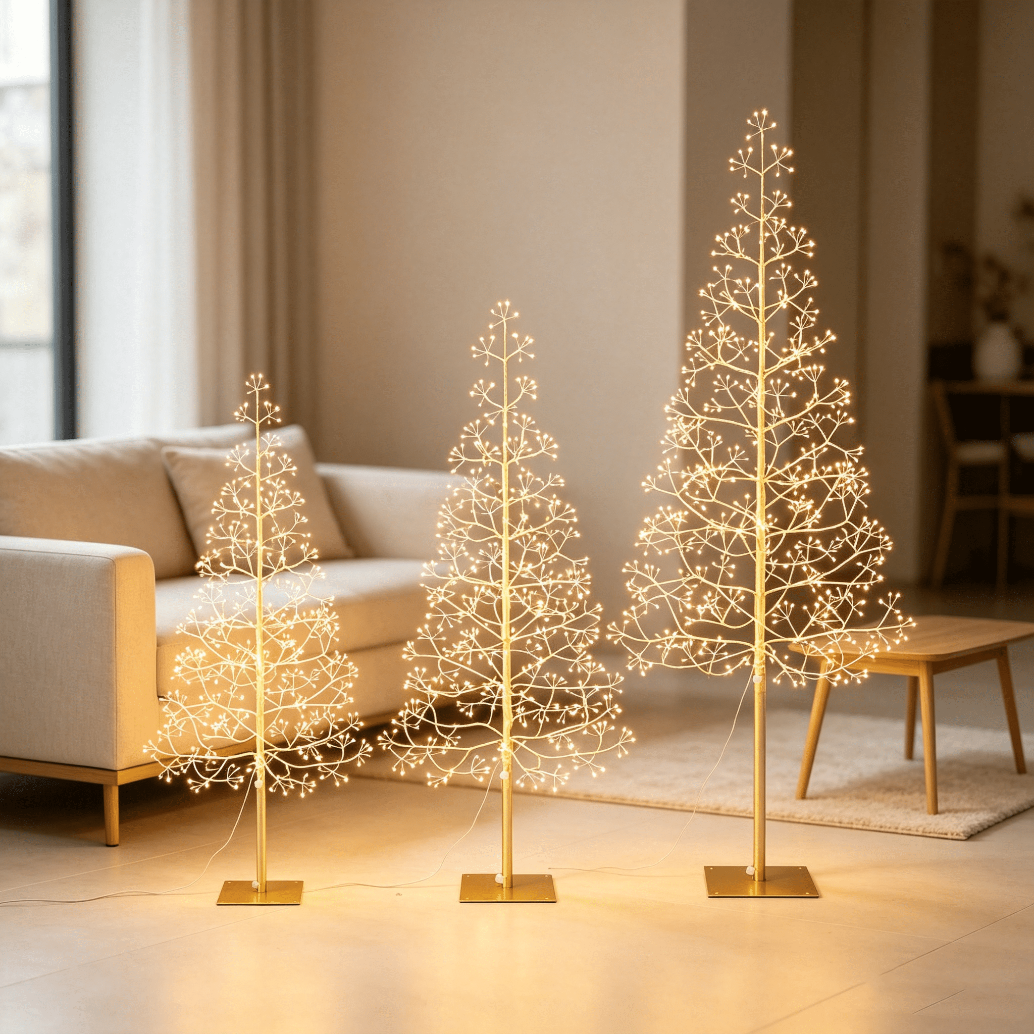 DR.Planzen 3-Piece Pre-Lit Starburst Gold Artificial Christmas Tree Set| Slim Design, Metal Base, 4&5&6ft Indoor/Outdoor Holiday Decor