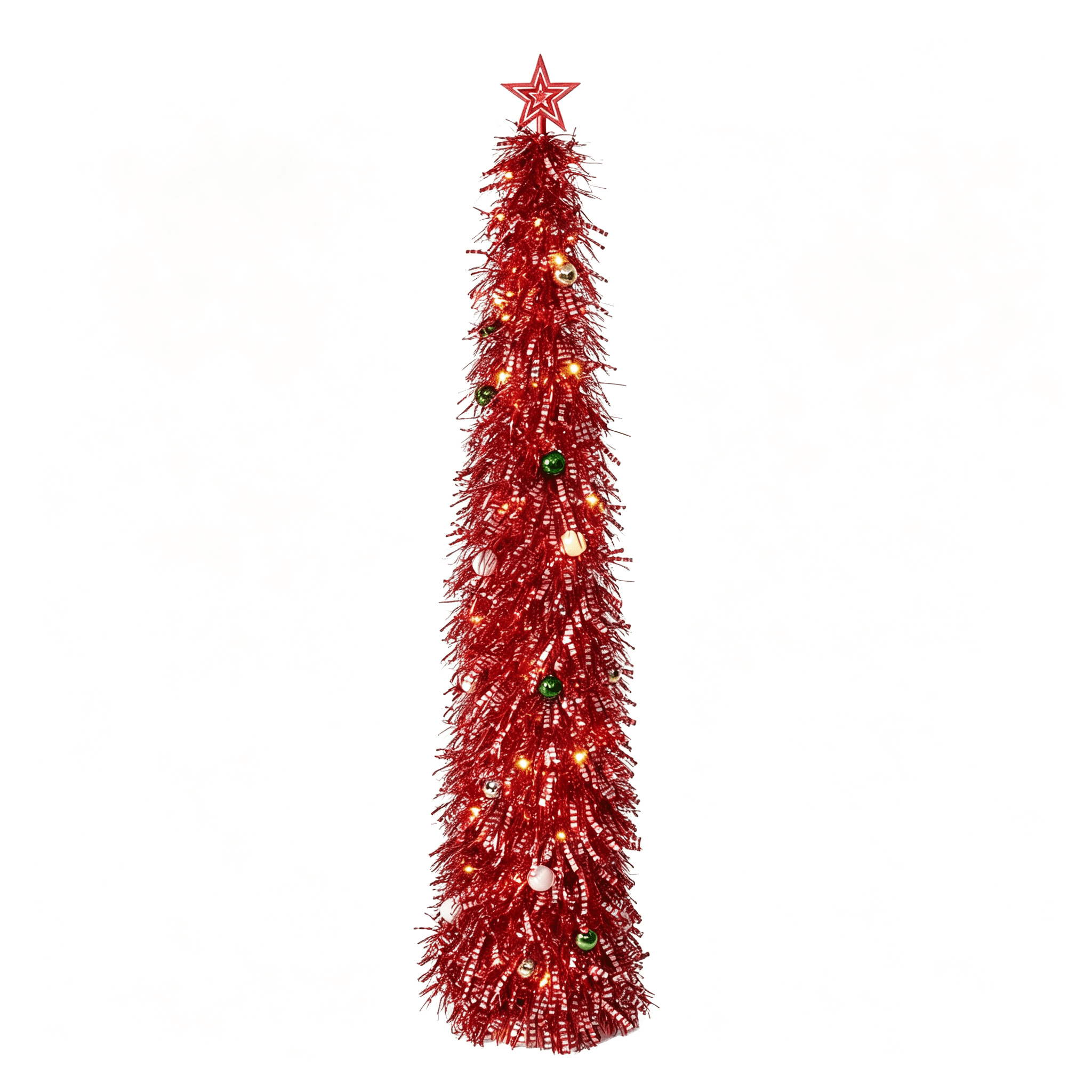 DR.Planzen 6ft Pop Up Christmas Tinsel Tree, Pre Lit Slim Christmas Tree, Red Silver LED Pencil Tree with 100 Warm White Lights, Star Topper & Ornaments Set, Collapsible Holiday Decor
