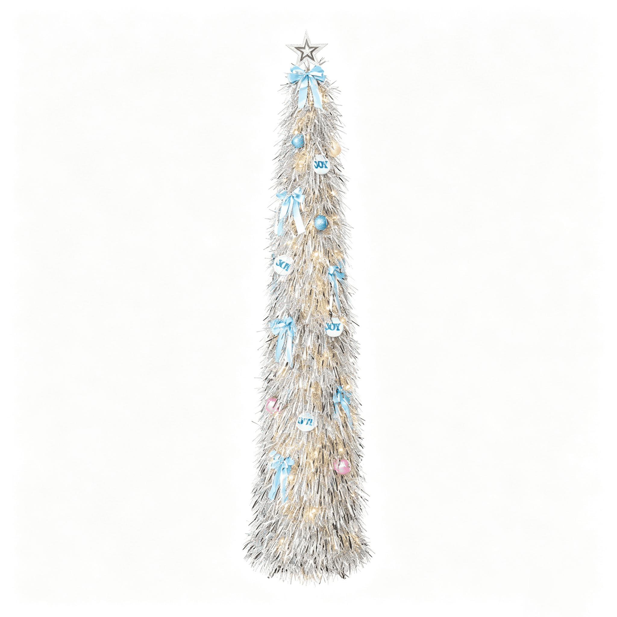 DR.Planzen 6ft Pop Up Christmas Tinsel Tree, Pre Lit Slim Christmas Tree, Silver LED Pencil Tree with 100 Warm White Lights, Star Topper & Ornaments Set, Collapsible Holiday Decor