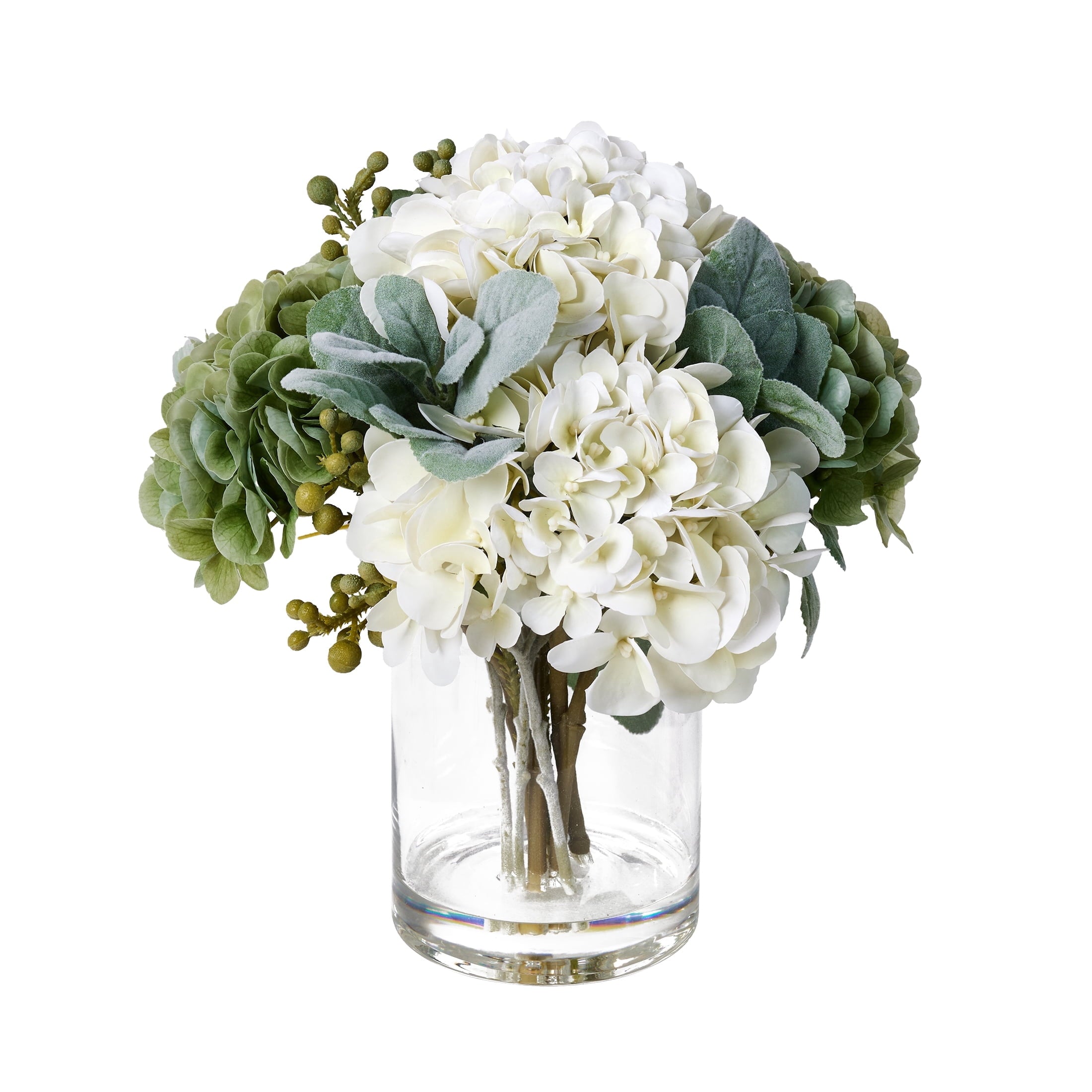DR.Planzen Artificial Hydrangea Arrangement in Glass Vase, 8 Branches with White Flowers & Green Fruit, 12" Low-Maintenance Floral Centerpiece for Tabletop Home Office Decor