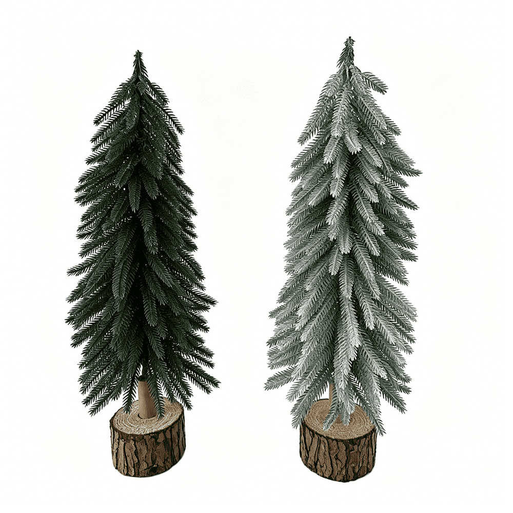 DR.Planzen Mini Pine Tree 2 Pack 19 Inch with Wood Base, Green & Snowy White Tabletop Christmas Tree, Small PE Artificial Christmas Trees for Christmas Decorations Mantel Shelf Office