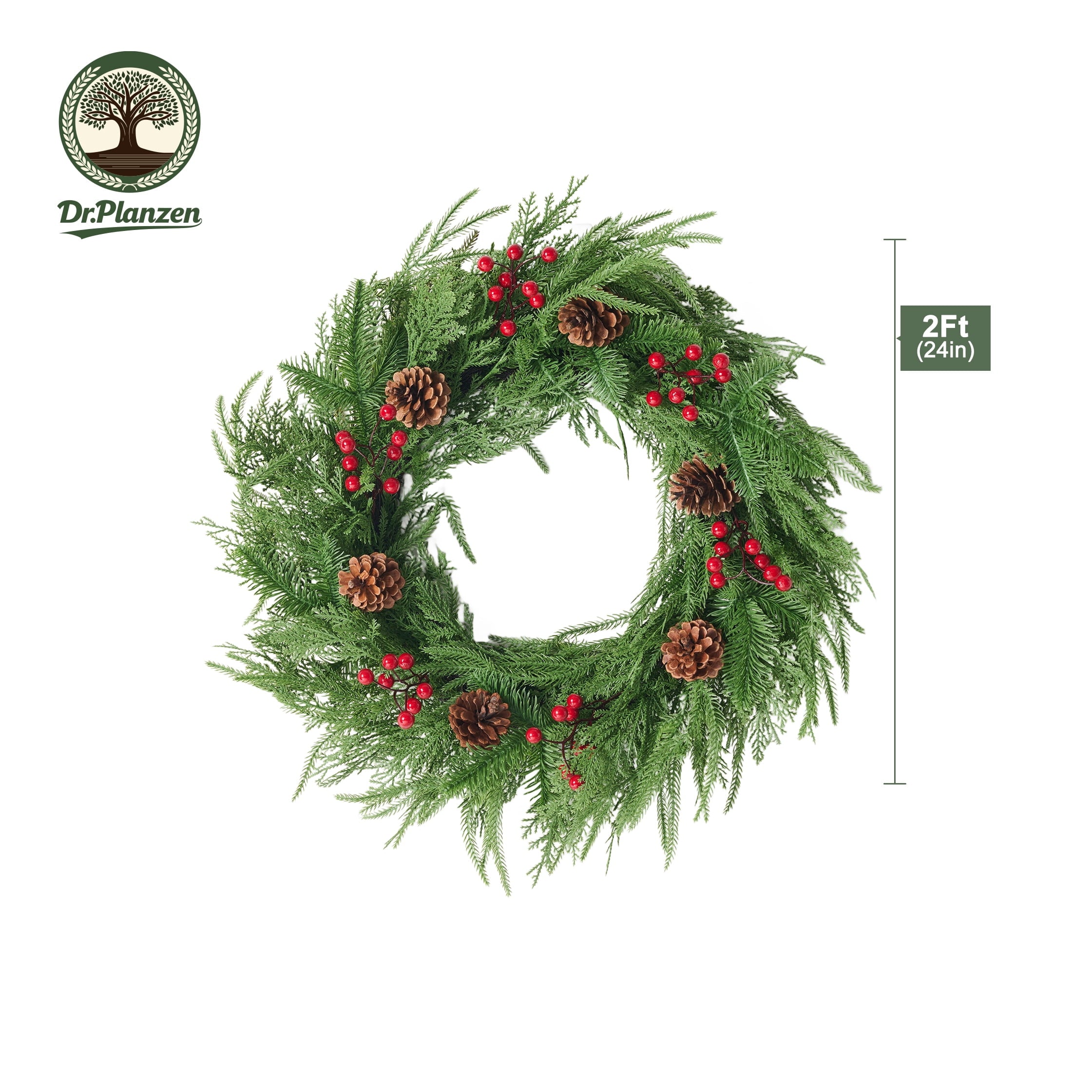 DR.Planzen 24" Pre-Lit Red Berry & Pinecone Christmas Wreath with 57 PE Branches, Realistic Norfolk Pine Garland Ring for Front Door & Indoor Wall Decor