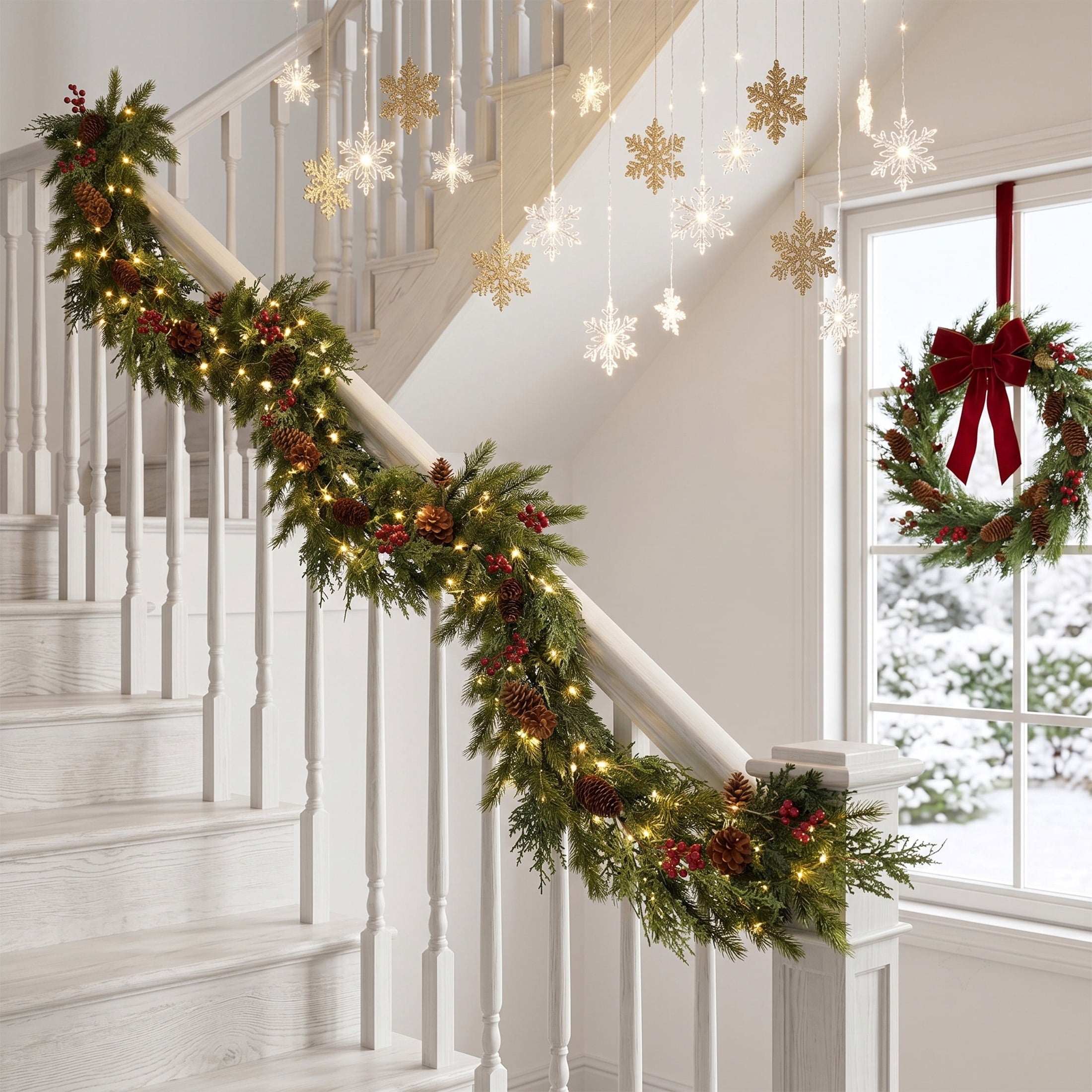 DR.Planzen 2Pack 6ft Artificial Pine & Berry Foliage Spray with Red Cones, Long Flexible Greenery Garland for DIY Christmas Tree Filler, Wreaths & Vase Filler
