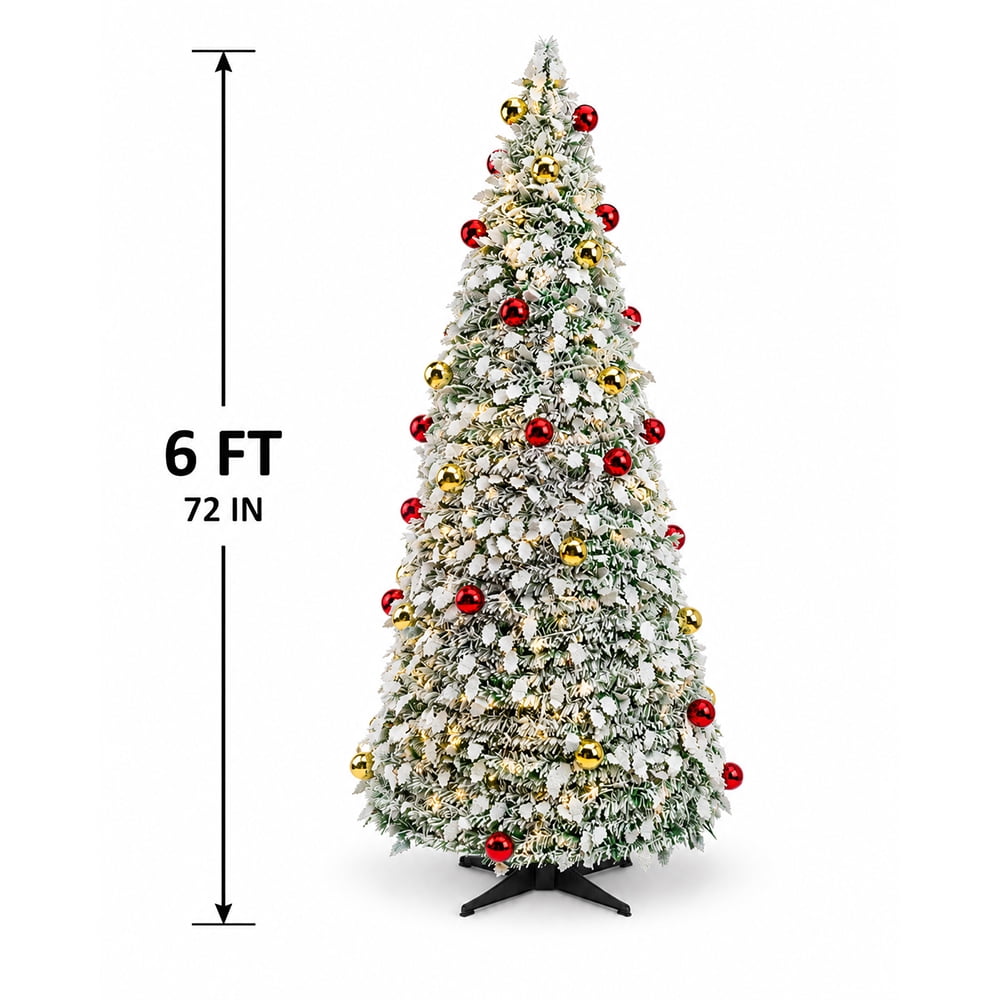 DR.Planzen 6FT Snow Flocked Pop Up Christmas Tree - Pre Lit Foldable Pre Decorated Artificial Xmas Tree with 150 LED Warm White Lights, Star, 50 Ornaments for Home Office Holiday Decor