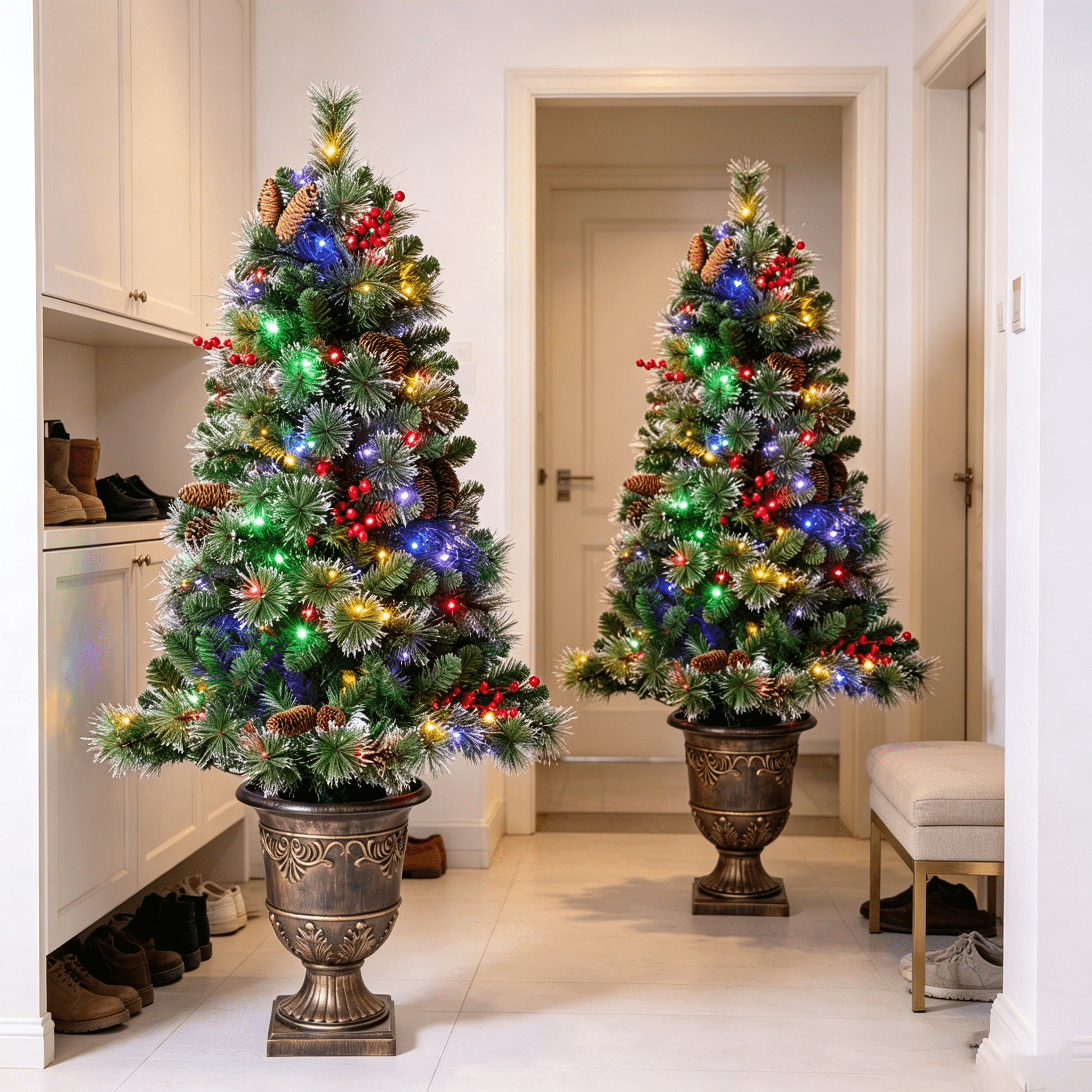 DR.Planzen 5ft Pencil Artificial Christmas Tree with Red Berries, Pine Cones & Flocked Branches, Pre-Decorated Slim Xmas Tree in Decorative Vase, Indoor Floor Holiday Decor, 2 Pack