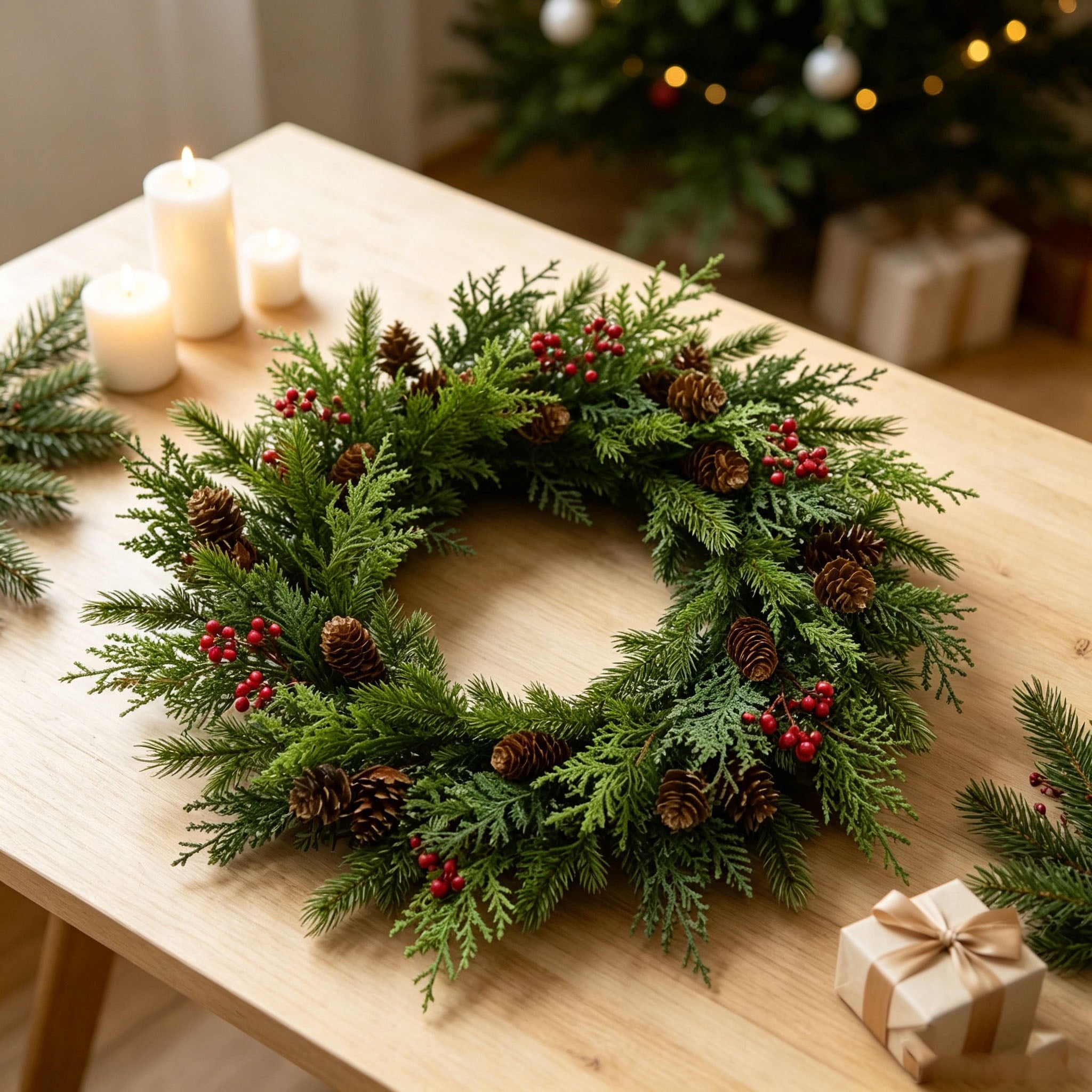 DR.Planzen 26" Artificial Pine & Berry Centerpiece in Brown Ring Base, Realistic PE Foliage with Red Berries & Pine Cones for Indoor Tabletop Holiday Decor