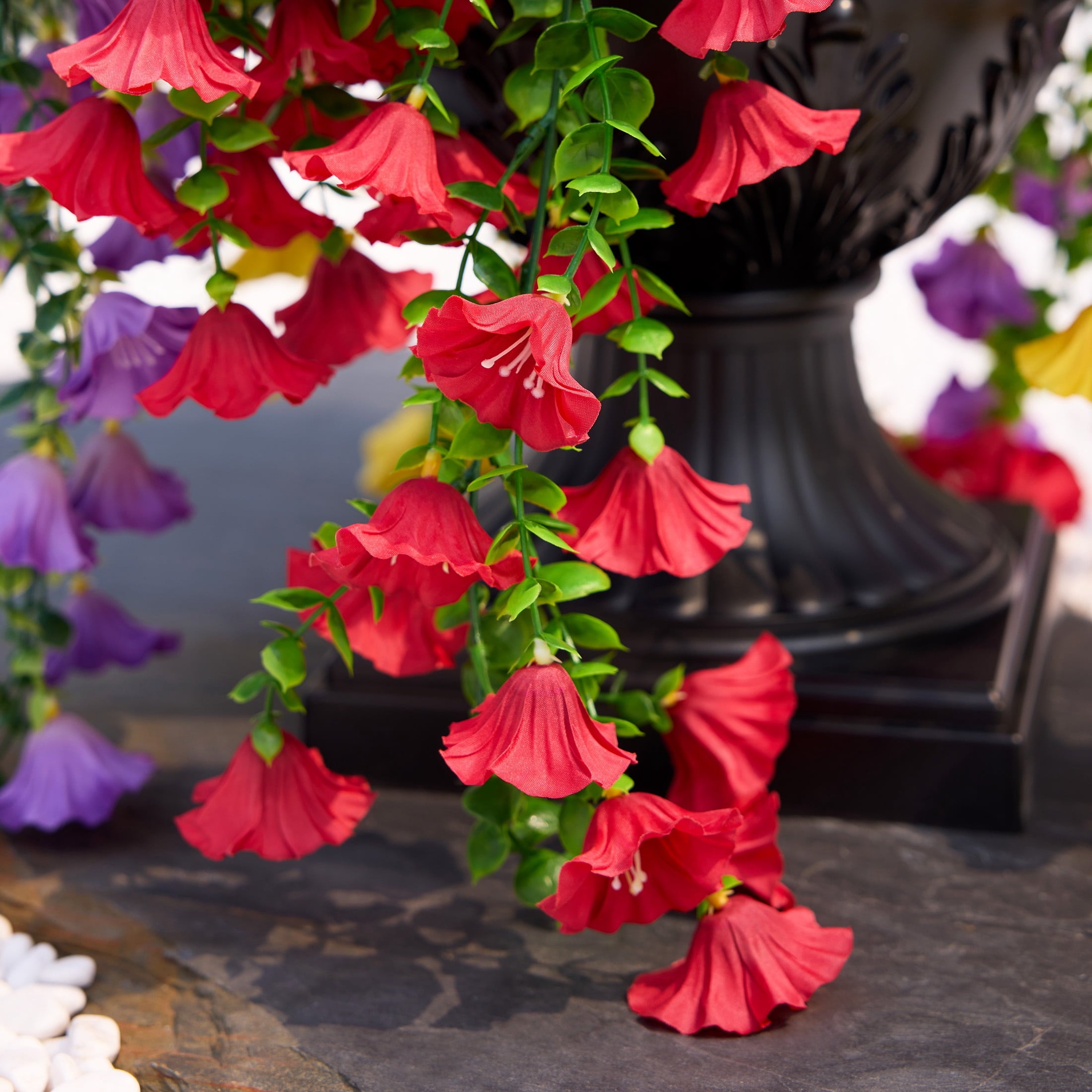 DR.Planzen Artificial Hanging Flowers in Black Urn Planter, 2 Pack 26in Faux Morning Glory Flowers, Fake Hanging Plants, Artificial Flowers, Hanging Flowers with 333 Blooms - Front Porch Patio Decor