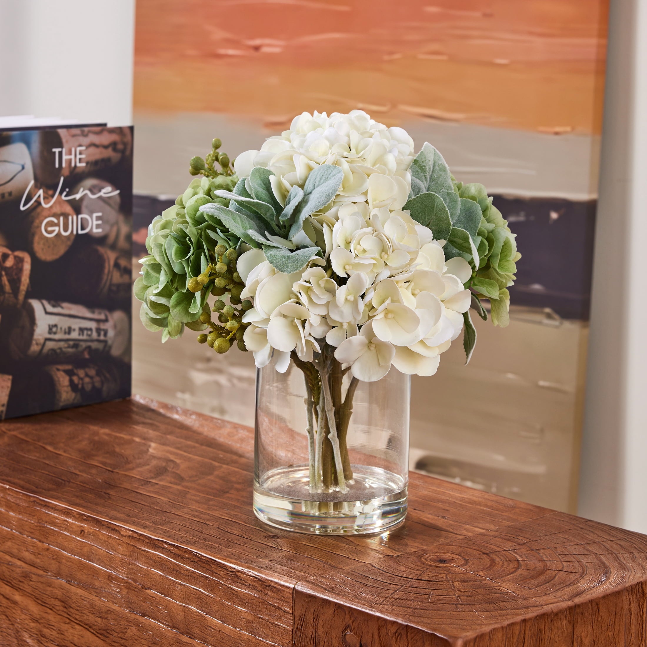 DR.Planzen Artificial Hydrangea Arrangement in Glass Vase, 8 Branches with White Flowers & Green Fruit, 12" Low-Maintenance Floral Centerpiece for Tabletop Home Office Decor