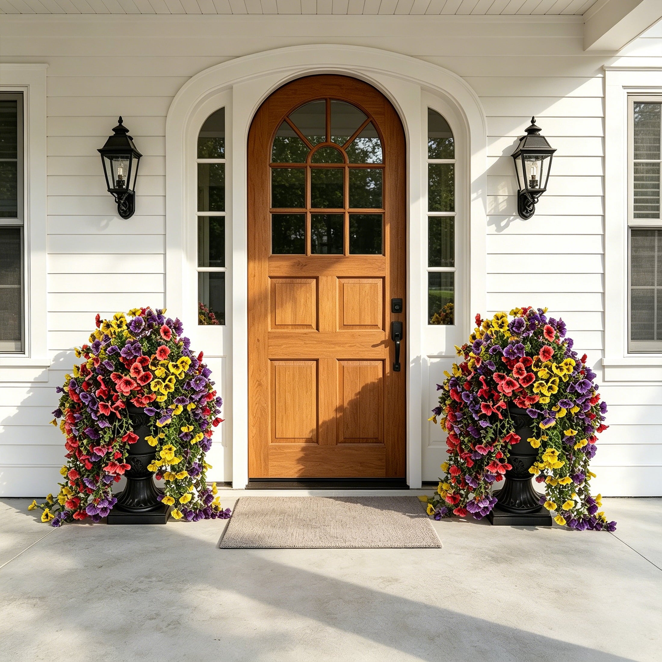DR.Planzen 2 Pack 26in Artificial Pansy Flowers, Faux Hanging Flowers, Fake Outdoor Flowers, Pansy Arrangement - 660 Blooms in Black Urn Planter - Spring Decor for Covered Porch Patio Entryway