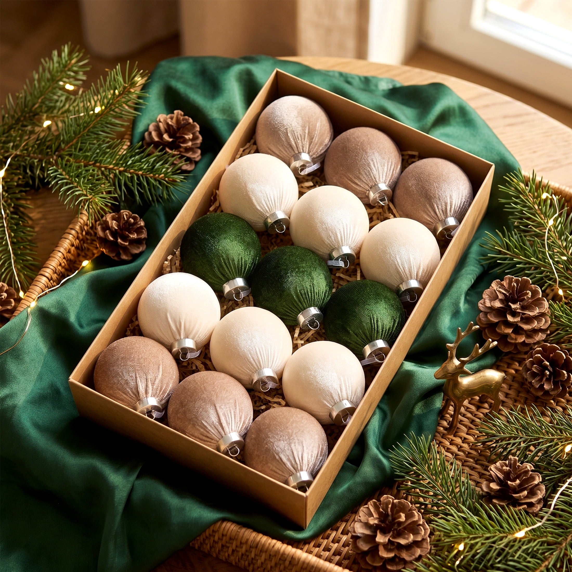DR.Planzen 15 Pcs Fabric-Wrapped Christmas Ball Ornaments - 3.2 Inch Large Shatterproof Christmas Tree Decorations in Ivory, Khaki and Dark Green for Farmhouse, Woodland and Holiday Decor