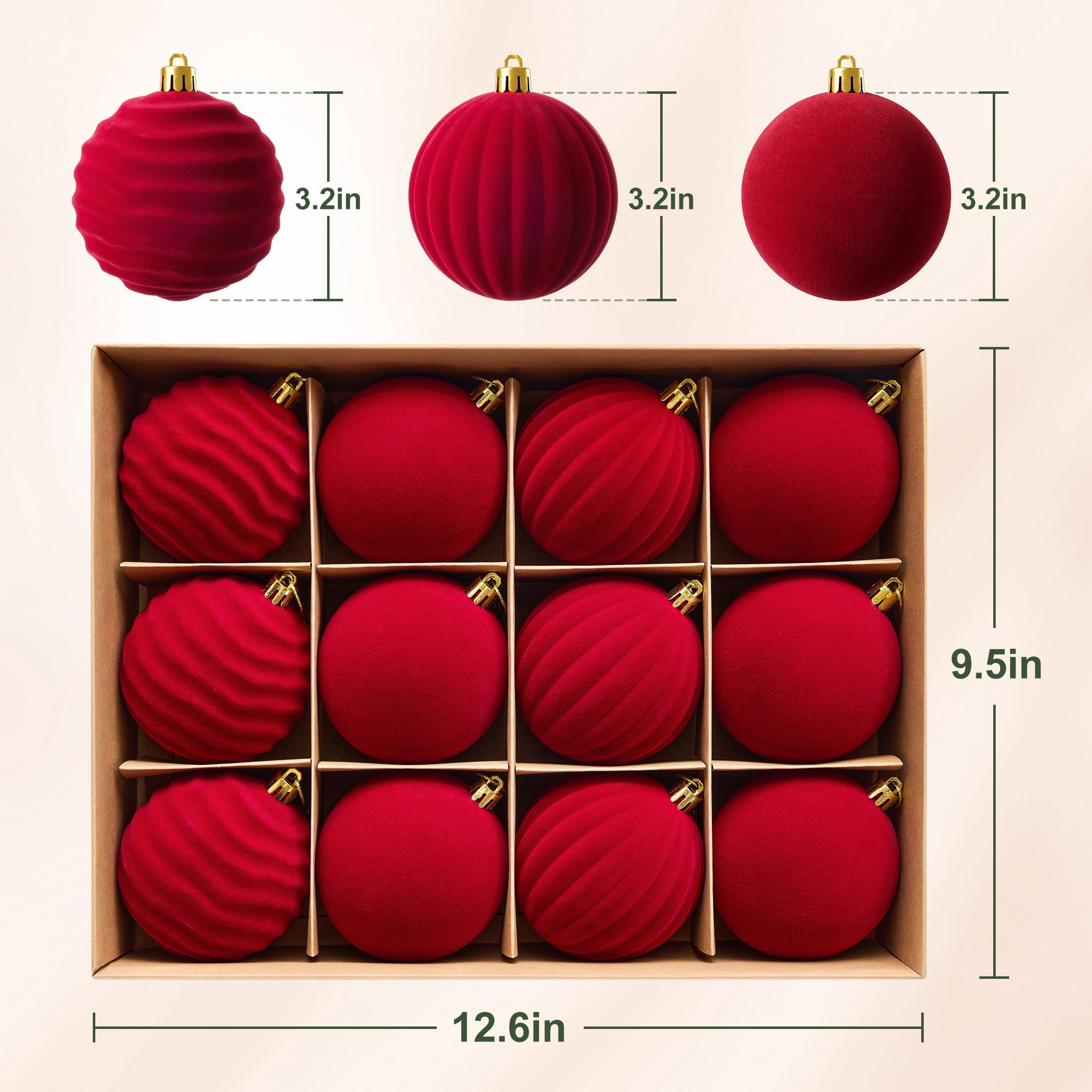 DR.Planzen 12PCS 3.2in Burgundy Christmas Ball Ornaments Set, Velvet Flocked Shatter-Resistant Xmas Balls - 3 Textured Styles with Gold Hanging Strings for Christmas Tree, Wreath, Mantel