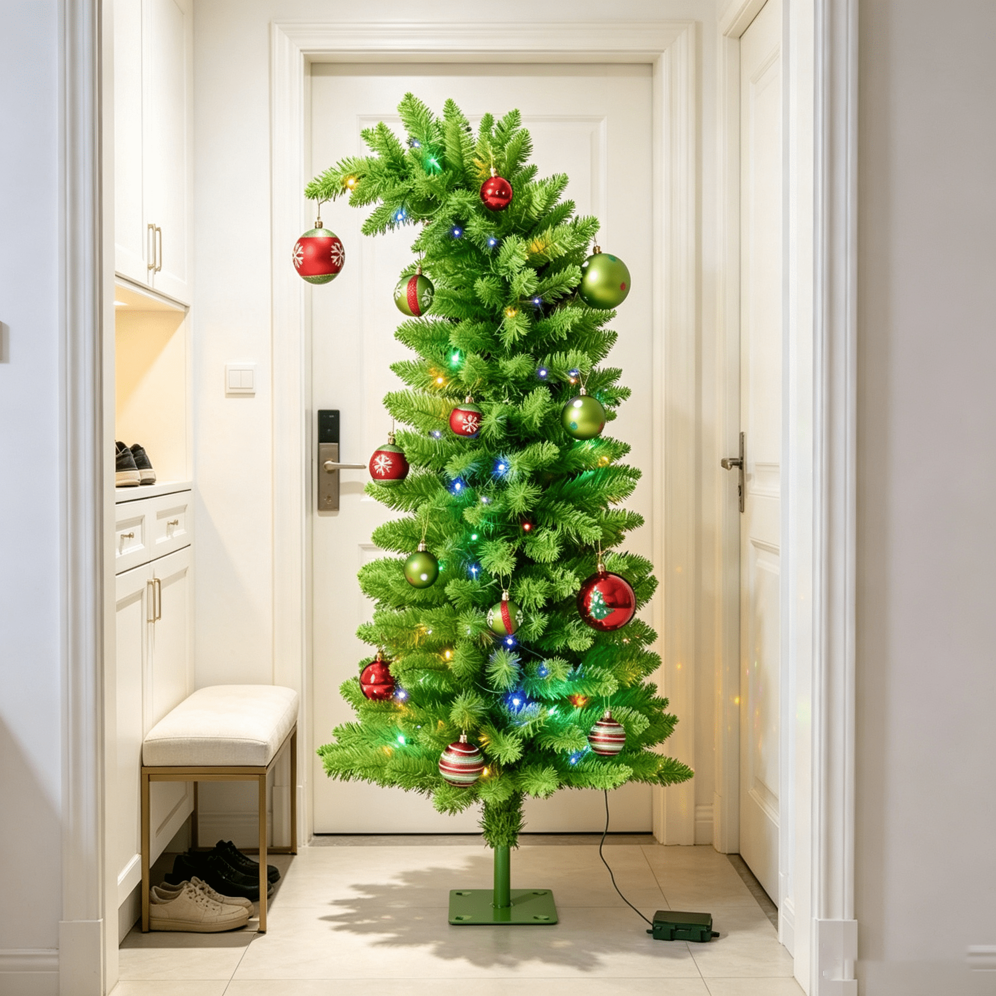 DR.Planzen 5ft Pencil Artificial Christmas Tree with Red & Green Ornaments, Pre-Decorated Slim Xmas Tree, Indoor Floor Holiday Decor, 1 Pack