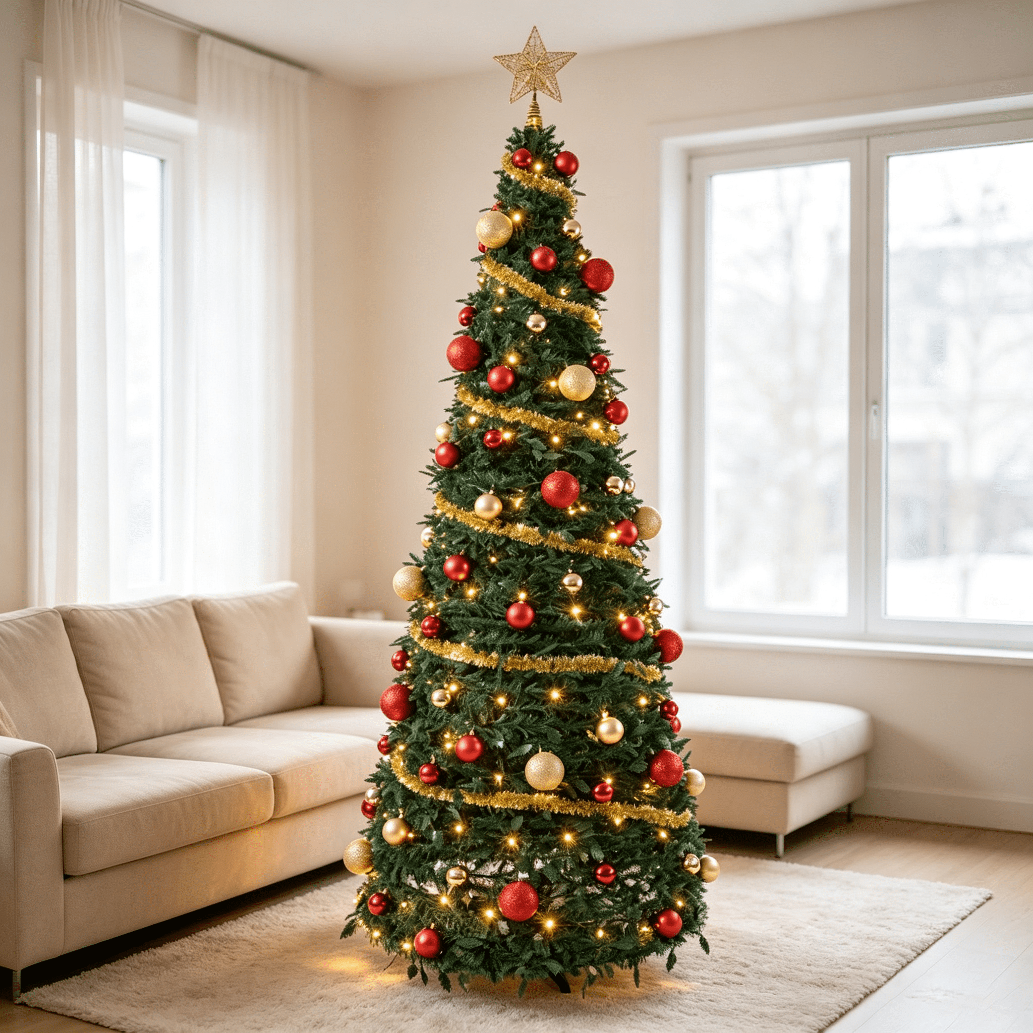DR.Planzen 6ft Pop Up Christmas Tree with Red Ribbon, Pre-Decorated Artificial Xmas Tree with LED Lights, Foldable Collapsible with Plastic Base, Easy Assembly Holiday Decor