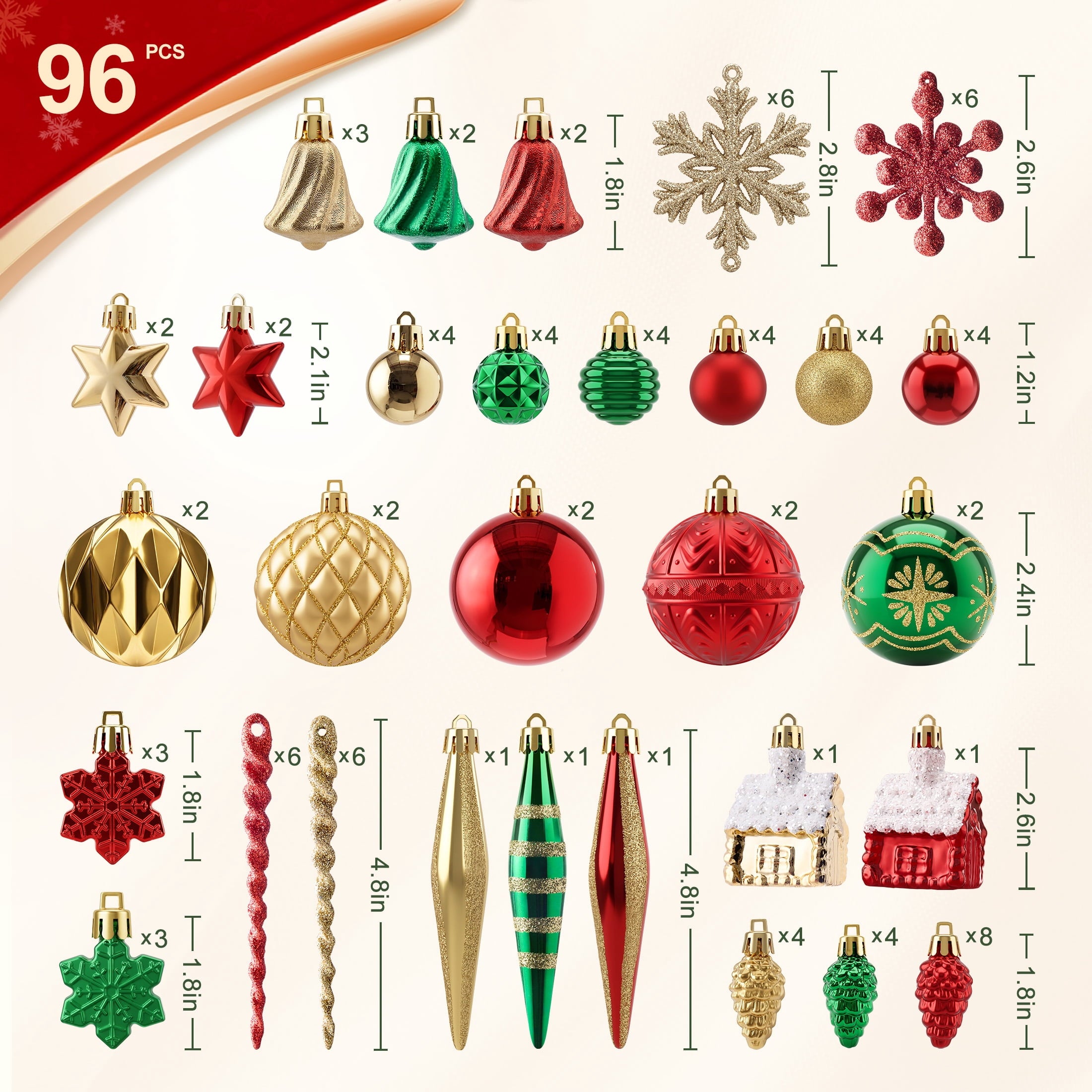 DR.Planzen 96PCS Christmas Ball Ornaments Set, Red Green Gold Ornaments, Christmas Tree Decorations, Xmas Ornaments - 9 Shapes, 1.2-4.8in Holiday Decor with 100 Hanging Strings