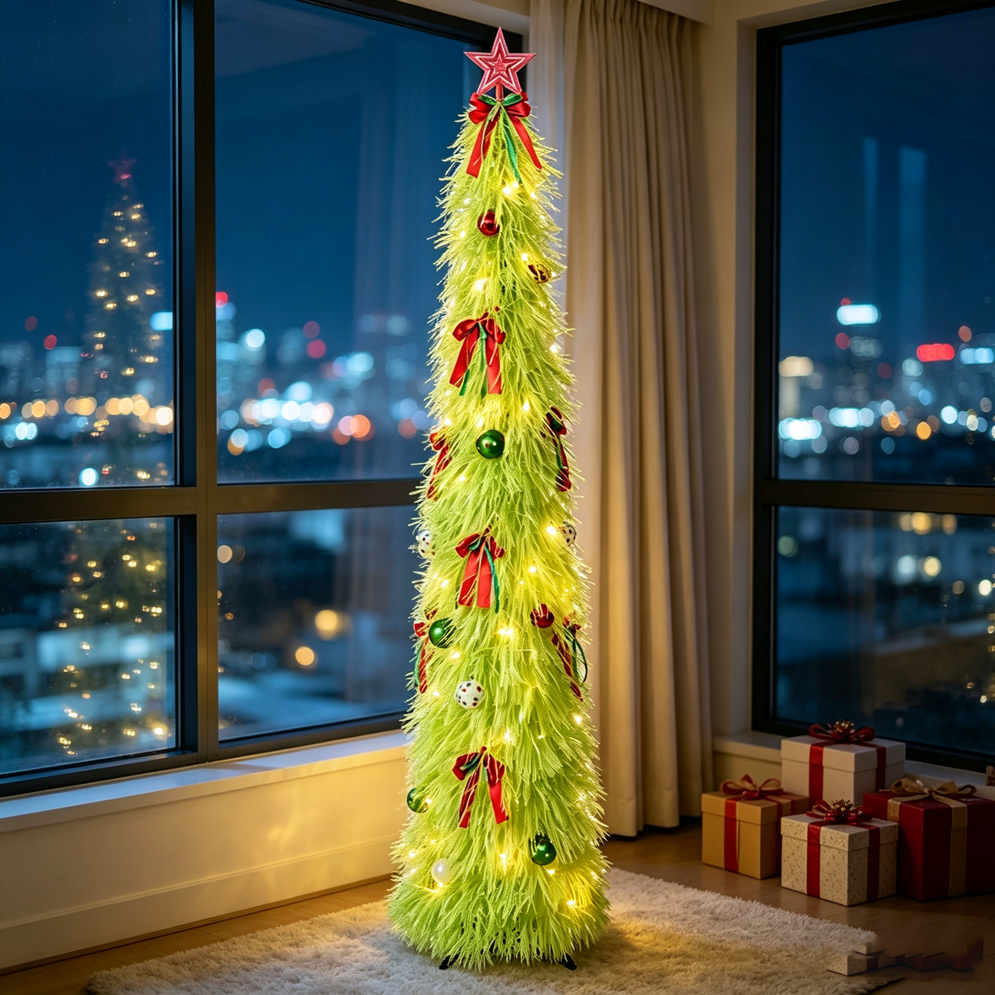DR.Planzen 6ft Pop Up Christmas Tinsel Tree, Pre Lit Slim Christmas Tree, Green LED Pencil Tree with 100 Warm White Lights, Star Topper & Ornaments Set, Collapsible Holiday Decor