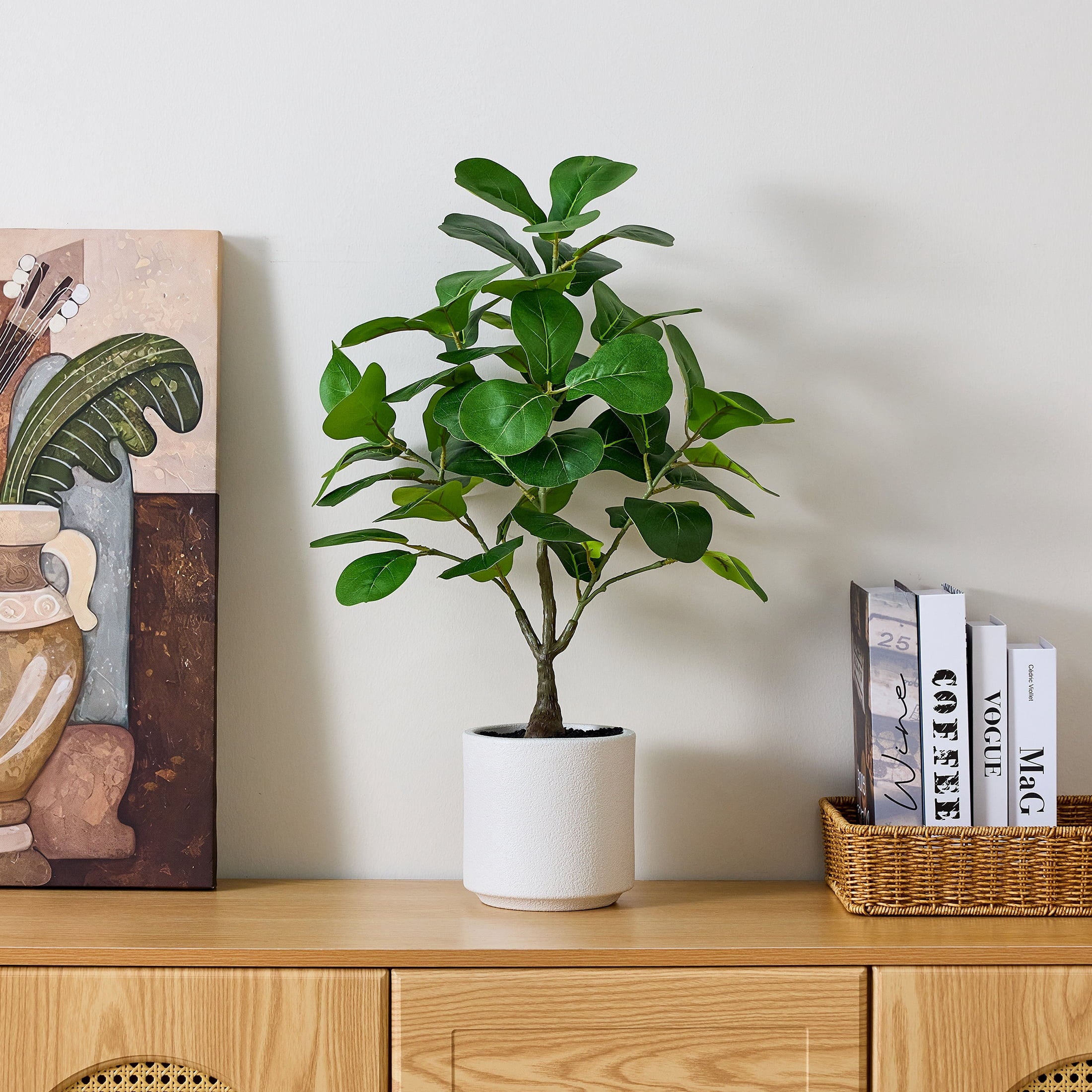 DR.Planzen Artificial Fiddle Leaf Fig Tree, 25.6 Inch Tall Lifelike Fake Plant in White Pot, Realistic Indoor Ficus Lyrata for Home Office Living Room Decor