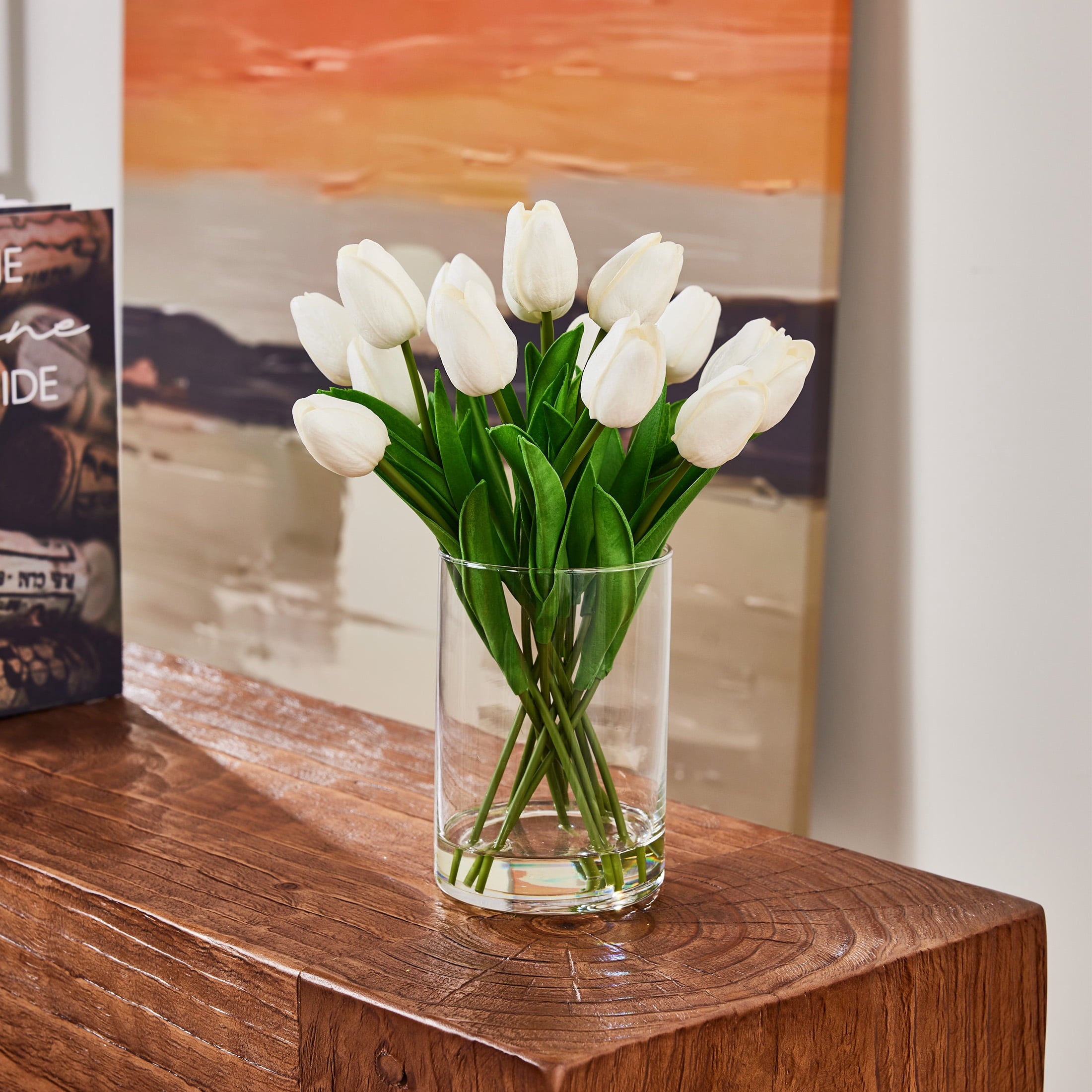 DR.Planzen 12in Artificial White Tulips Fake Flowers in Glass Vase Real Touch Tulips ¨C Faux Tulips Bouquet with Faux Water, Tulips Centerpiece for Spring Home Decor Dining Table Wedding Mothers Day